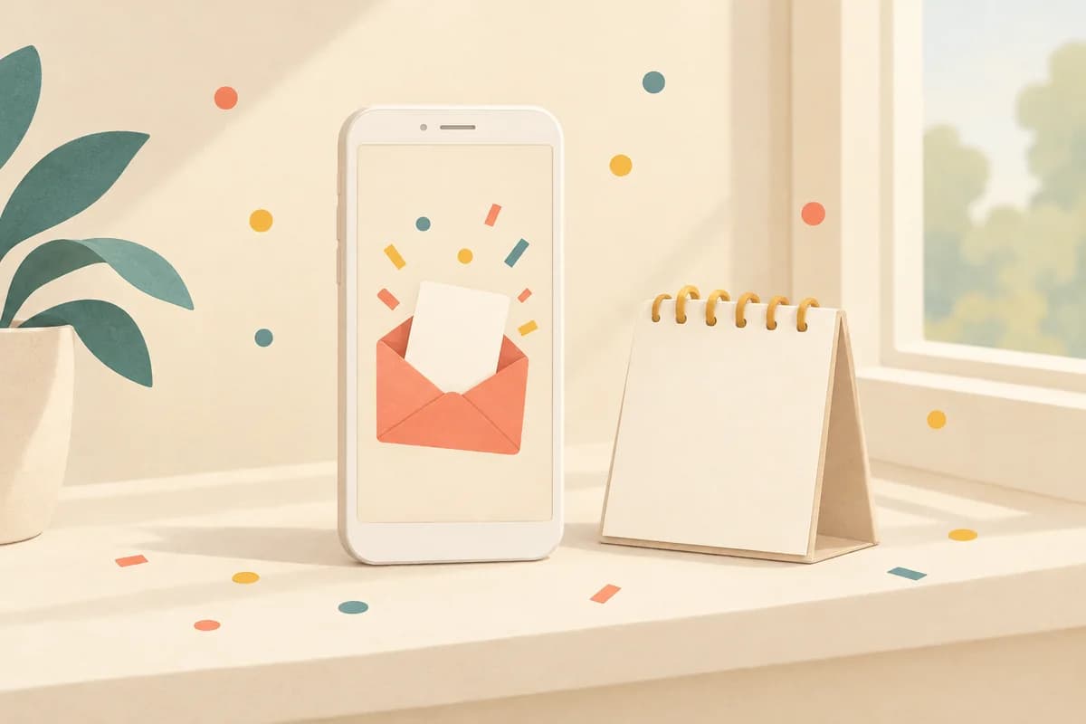 A phone on a windowsill shows a card rising out of an opening envelope, next to a small desk calendar with blank pages.