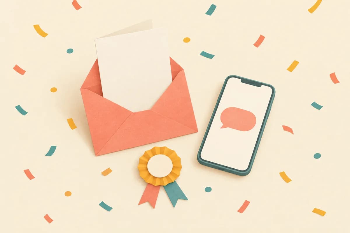An opened coral envelope with a blank card standing up, a phone showing an empty speech bubble and a ribbon rosette, with paper confetti scattered around them.