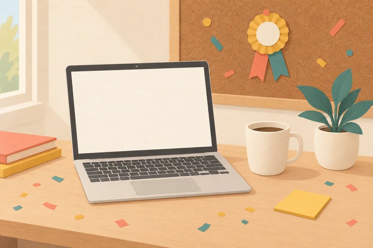 An office desk with an open laptop, a mug, a small plant and a sticky note, with a ribbon rosette pinned to the corkboard behind it and a little confetti on the desk.