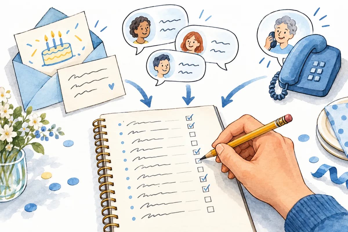 Invitation, conversation and phone replies converge into one paper attendance list while the host records them with a pencil.