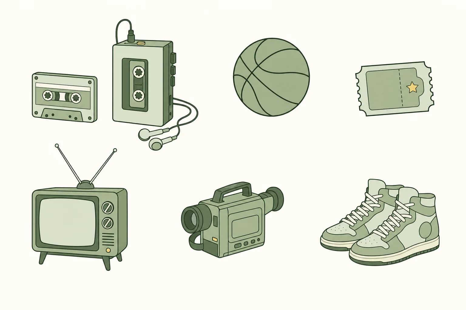 Cartoon items of 1989: a cassette tape beside a portable player, a basketball, a movie ticket, a television with rabbit-ear antennas, a camcorder and a pair of high-top sneakers