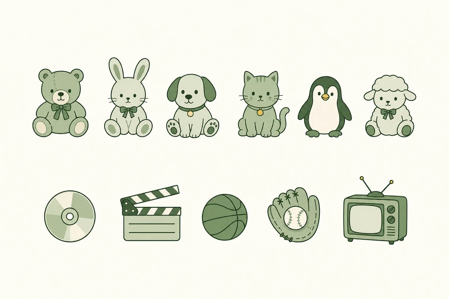 Cartoon icons from the early 1990s: a row of small plush animals, a CD-ROM disc, a film clapperboard, a basketball, a baseball glove and a small television