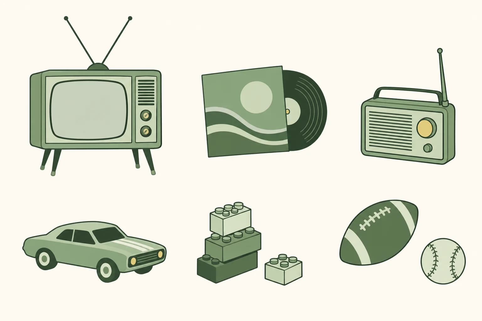 Cartoon objects of 1969: a console television with rabbit-ear antennas, a vinyl album, a transistor radio, a toy car, a stack of building bricks, a football and a baseball