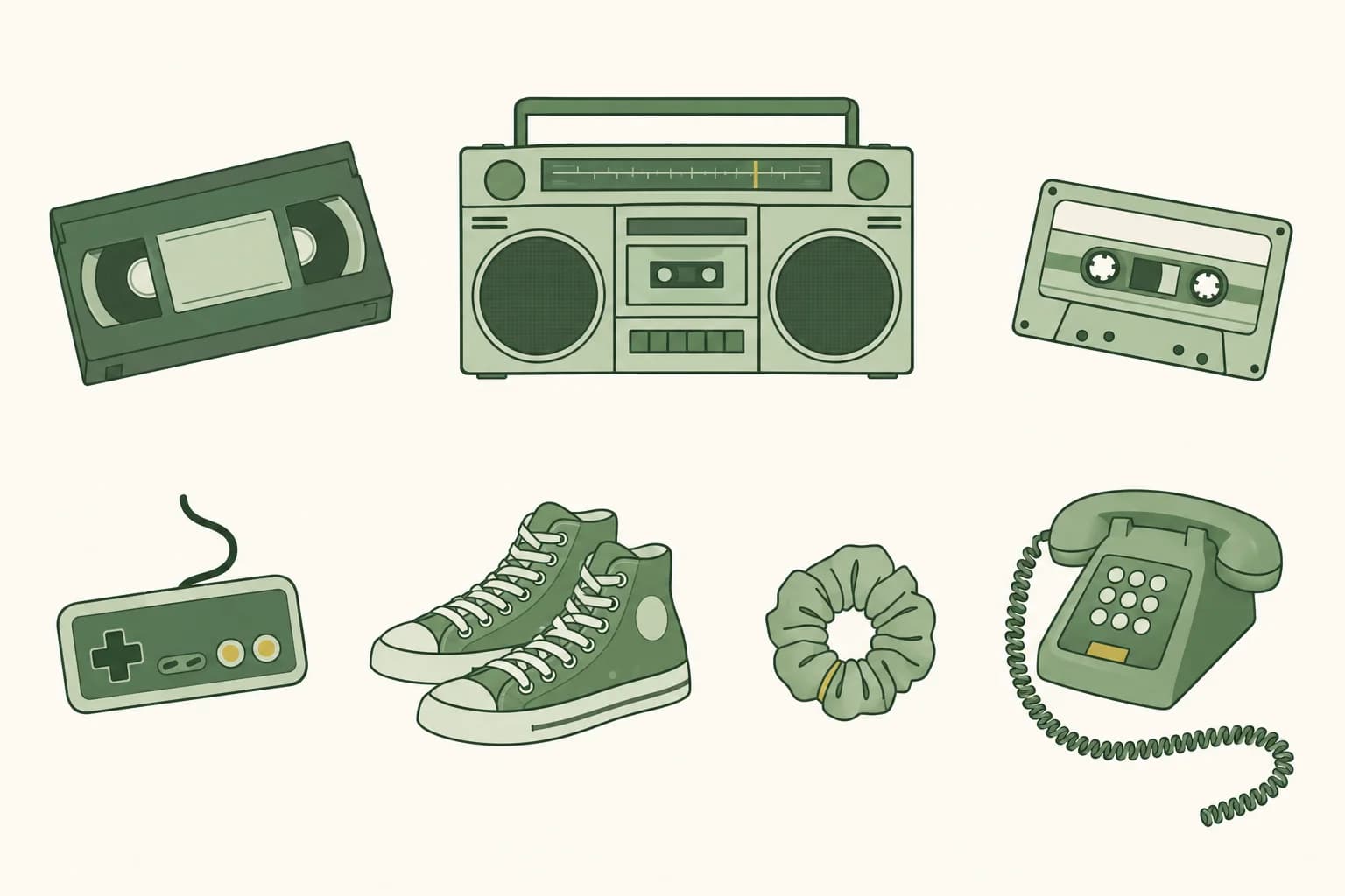 Cartoon VHS tape, boombox, cassette tape, game controller, high-top sneakers, a scrunchie and a telephone with a long cord