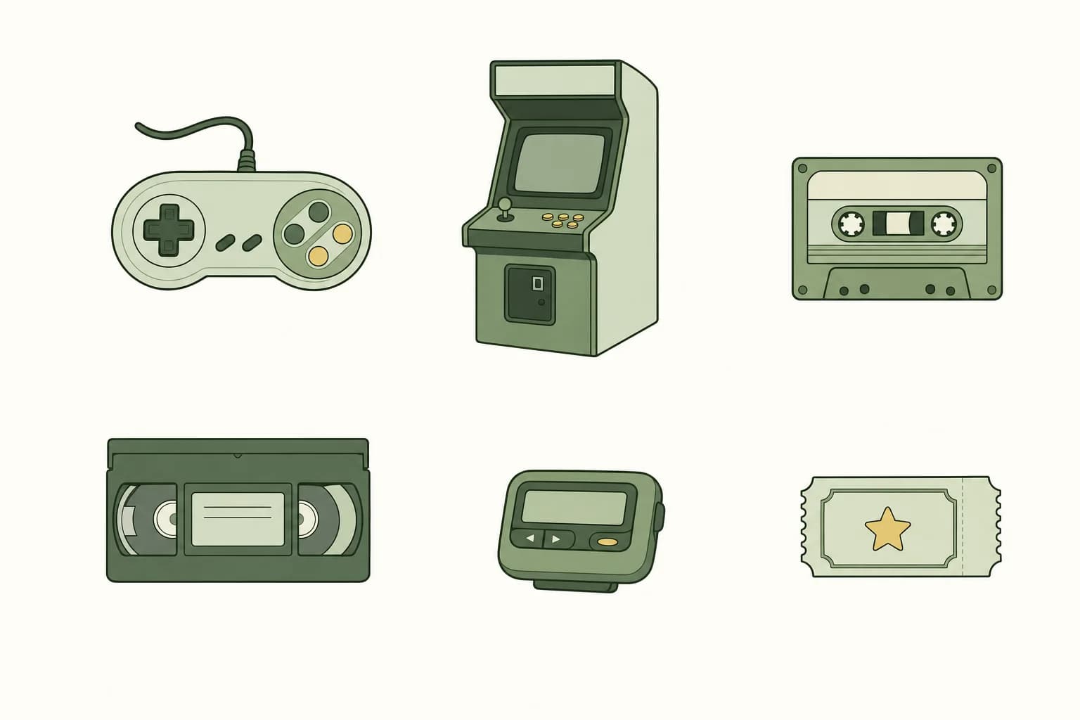 Cartoon items of 1991: a 16-bit game controller, an arcade cabinet, a cassette tape, a video tape, a pager and a movie ticket