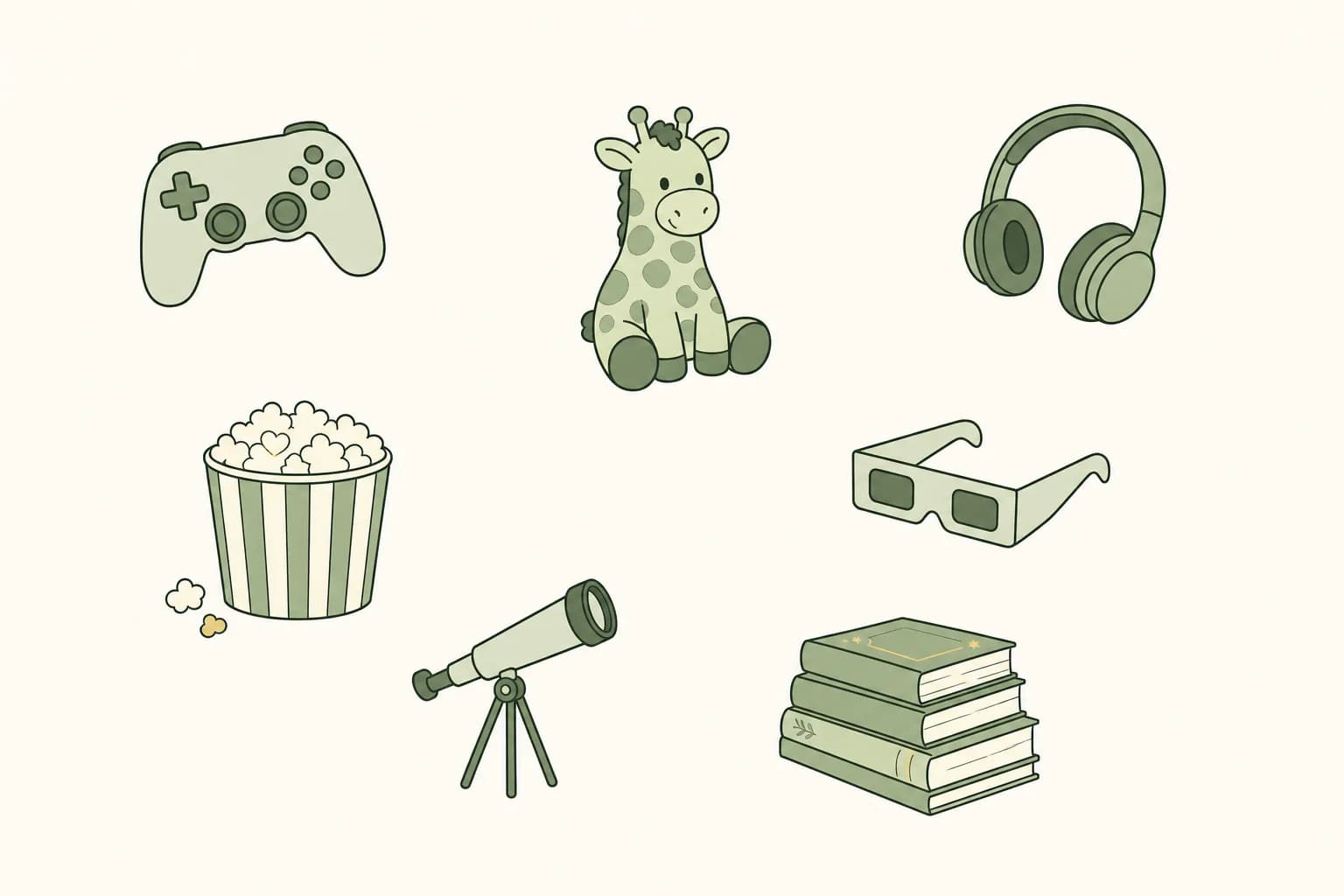 Cartoon game controllers, a plush giraffe, headphones, a popcorn bucket, a paper eclipse viewer, a toy telescope and a stack of storybooks