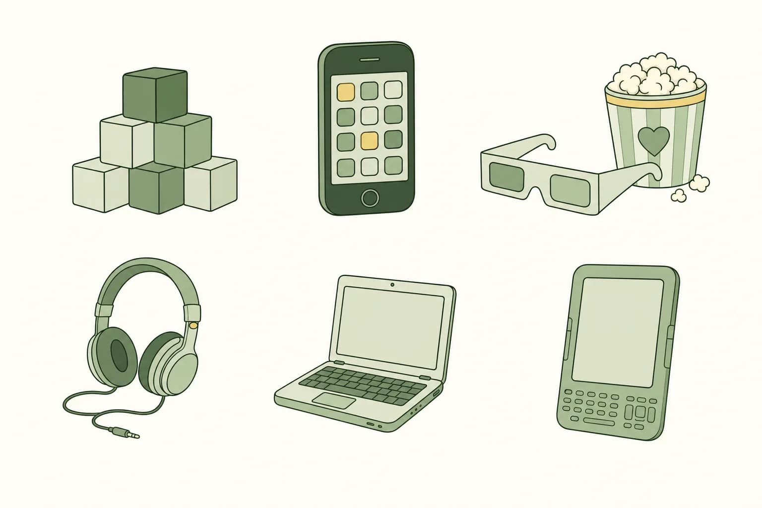 Cartoon items of 2009: a stack of cube blocks, a smartphone with app icons, a pair of 3-D glasses beside a popcorn bucket, headphones, a small netbook laptop and an e-reader