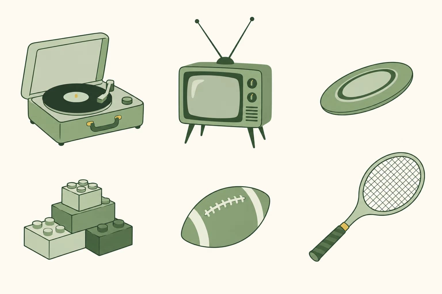 Cartoon vinyl record on a turntable, a small television set with rabbit-ear antennas, a flying disc, a stack of toy bricks, a football and a tennis racket