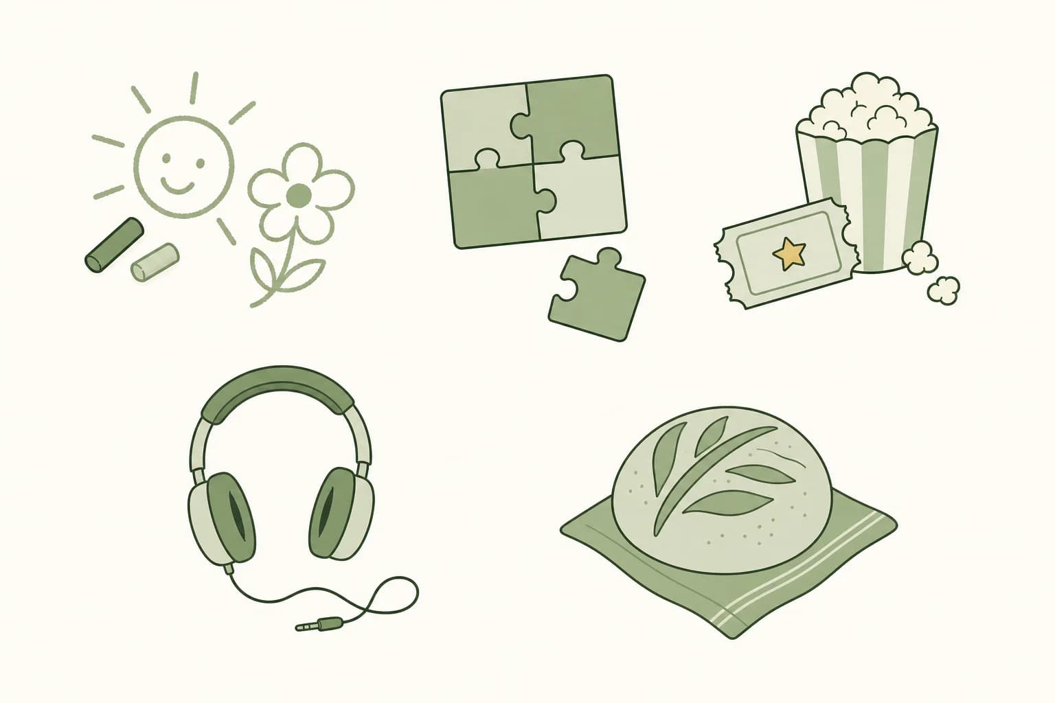 Cartoon sidewalk chalk drawings, a jigsaw puzzle, a movie ticket with popcorn, headphones and a loaf of sourdough bread