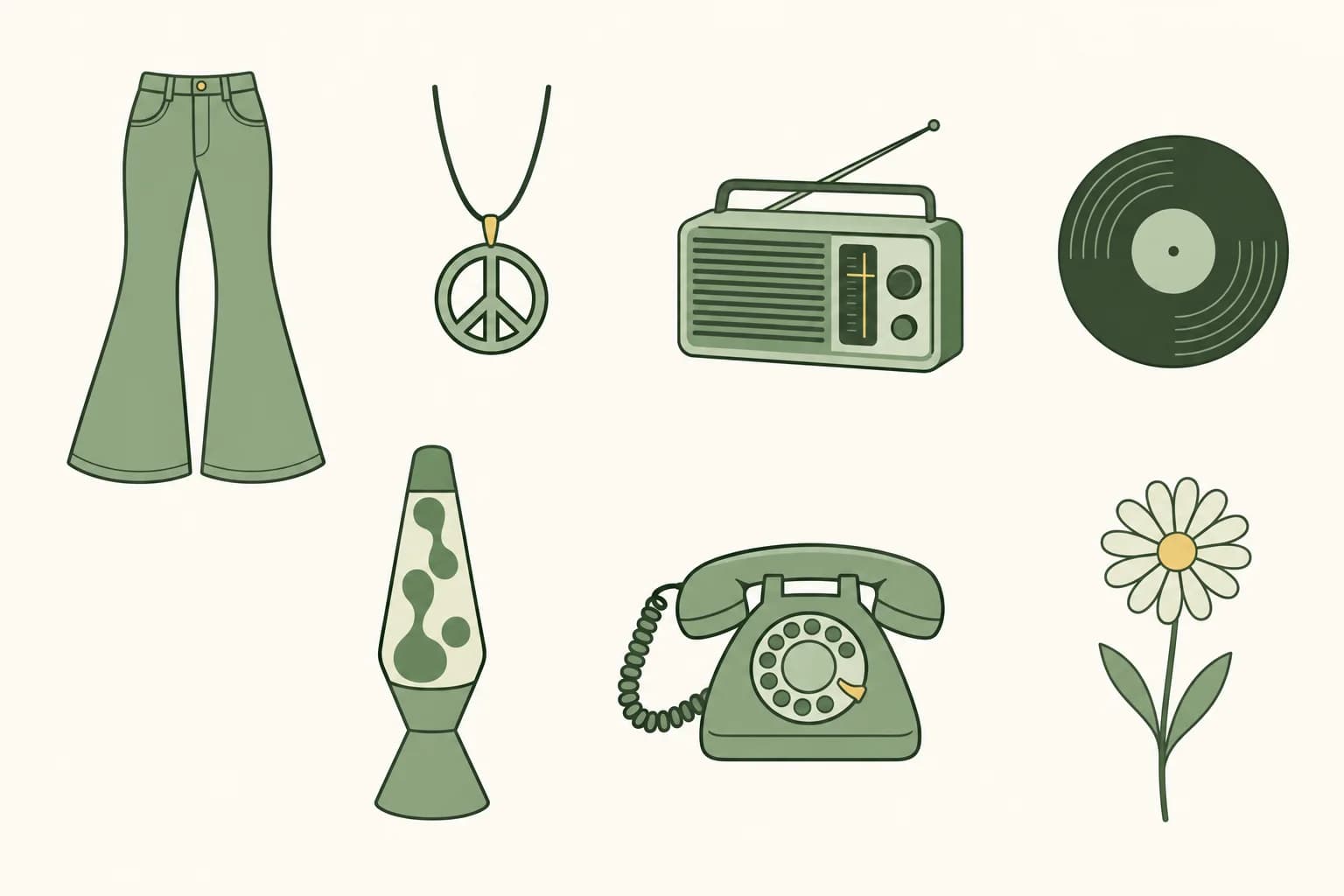 Cartoon bell-bottom jeans, a peace-sign pendant, a transistor radio, a vinyl record, a lava lamp, a rotary phone and a daisy