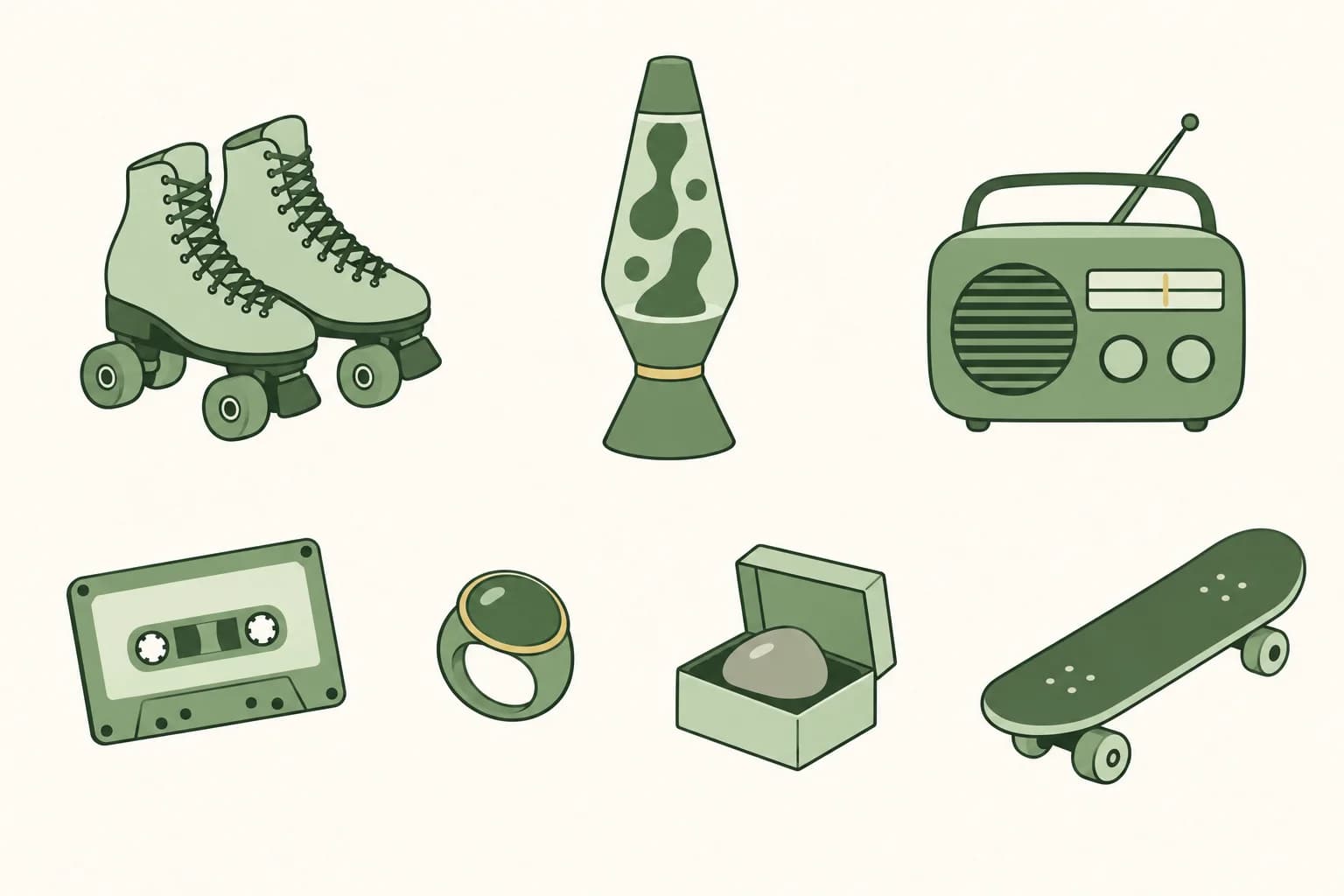 Cartoon roller skates, a lava lamp, a portable radio, a cassette tape, a mood ring, a pet rock in a box and a skateboard