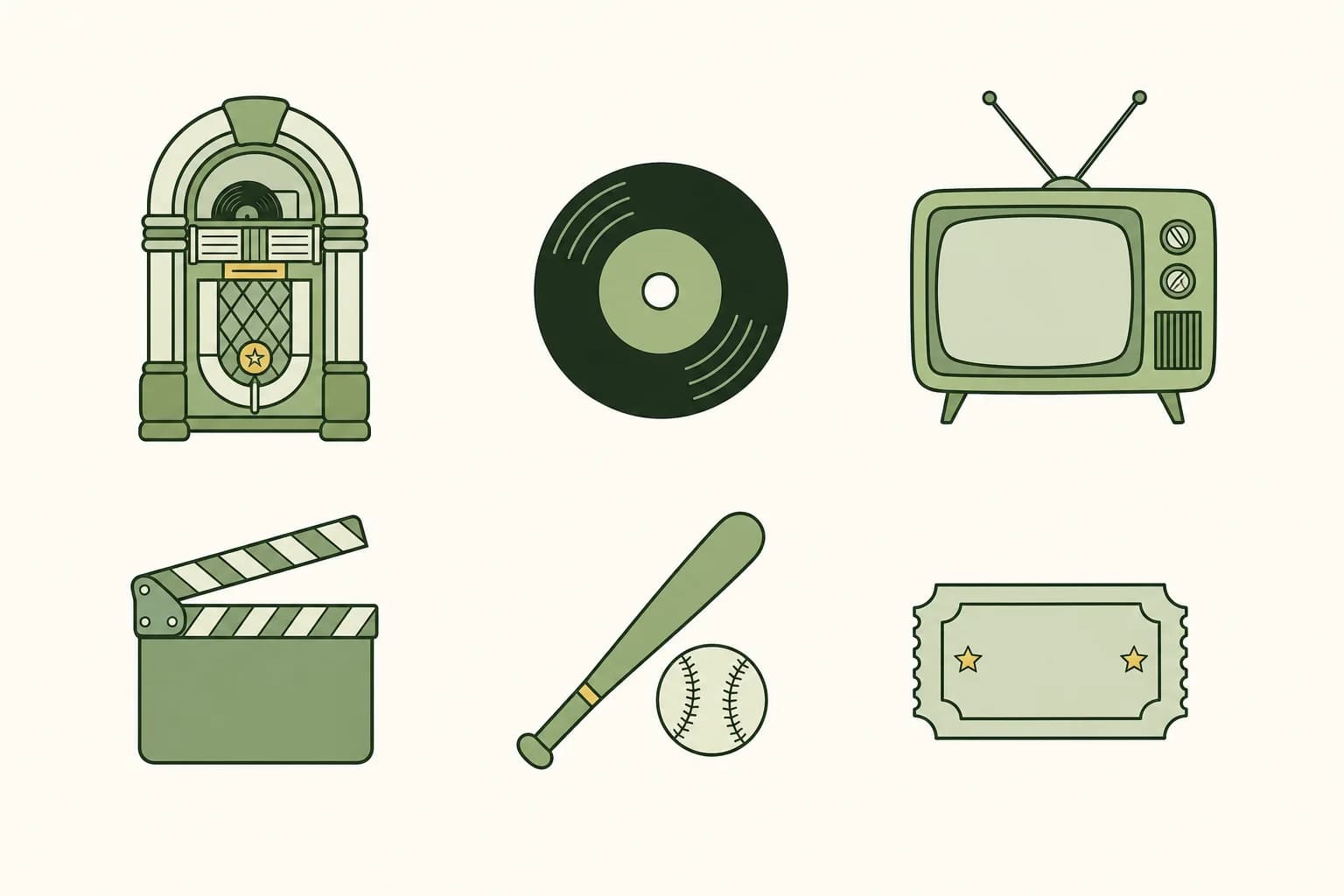 Cartoon icons of a jukebox, a 45 rpm record, a tube television with rabbit-ear antennas, a movie clapperboard, a baseball with a bat and a movie ticket