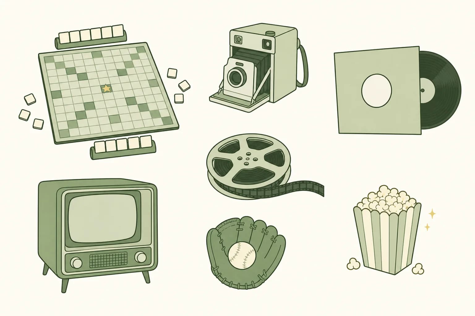 A cartoon word-game board with letter tiles, an instant camera, a vinyl record in its sleeve, a film reel, a tabletop television set, a baseball glove with a ball and a popcorn box
