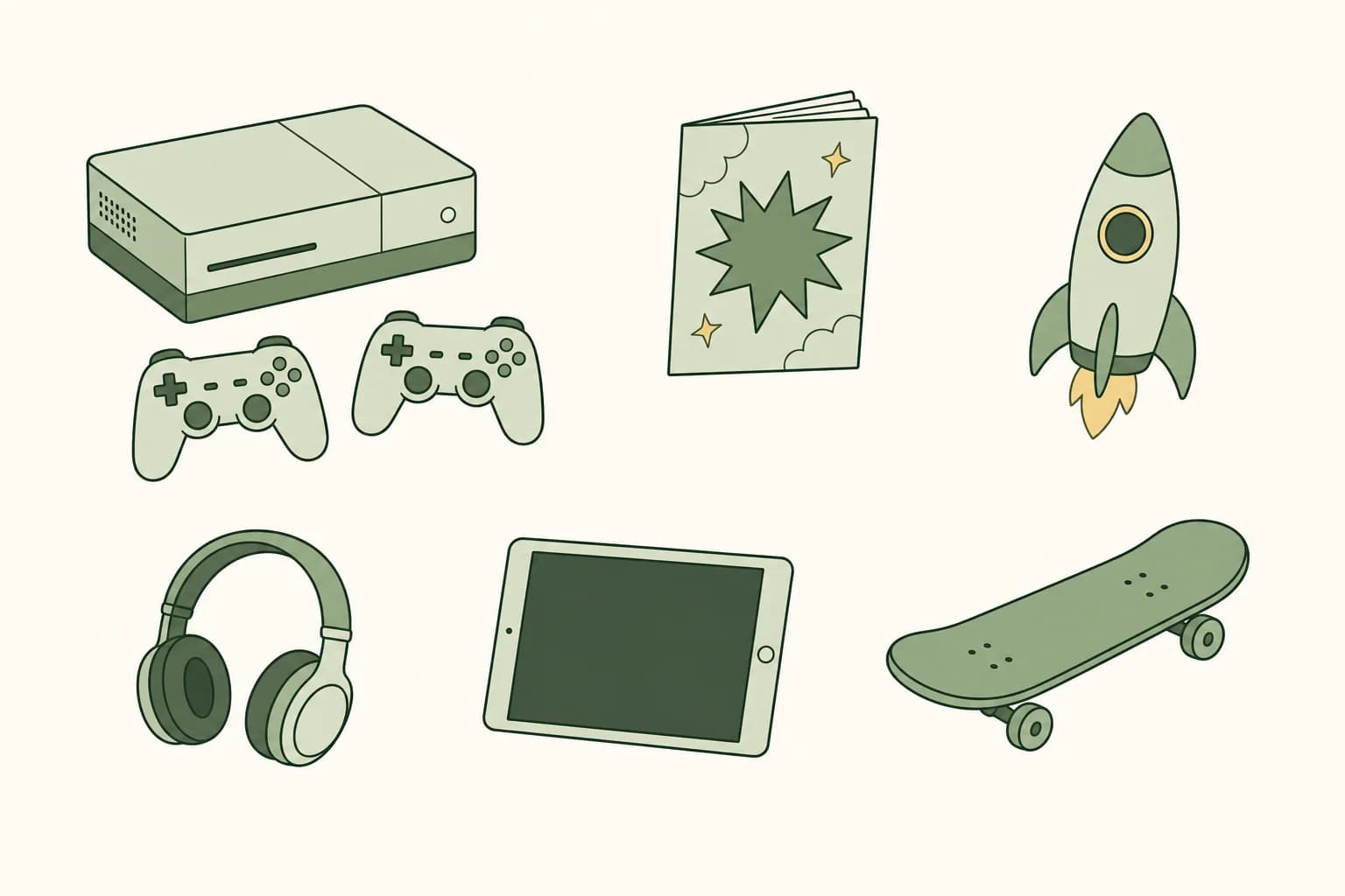 Cartoon game console with two controllers, a comic book, a toy rocket, a pair of headphones, a tablet computer and a skateboard