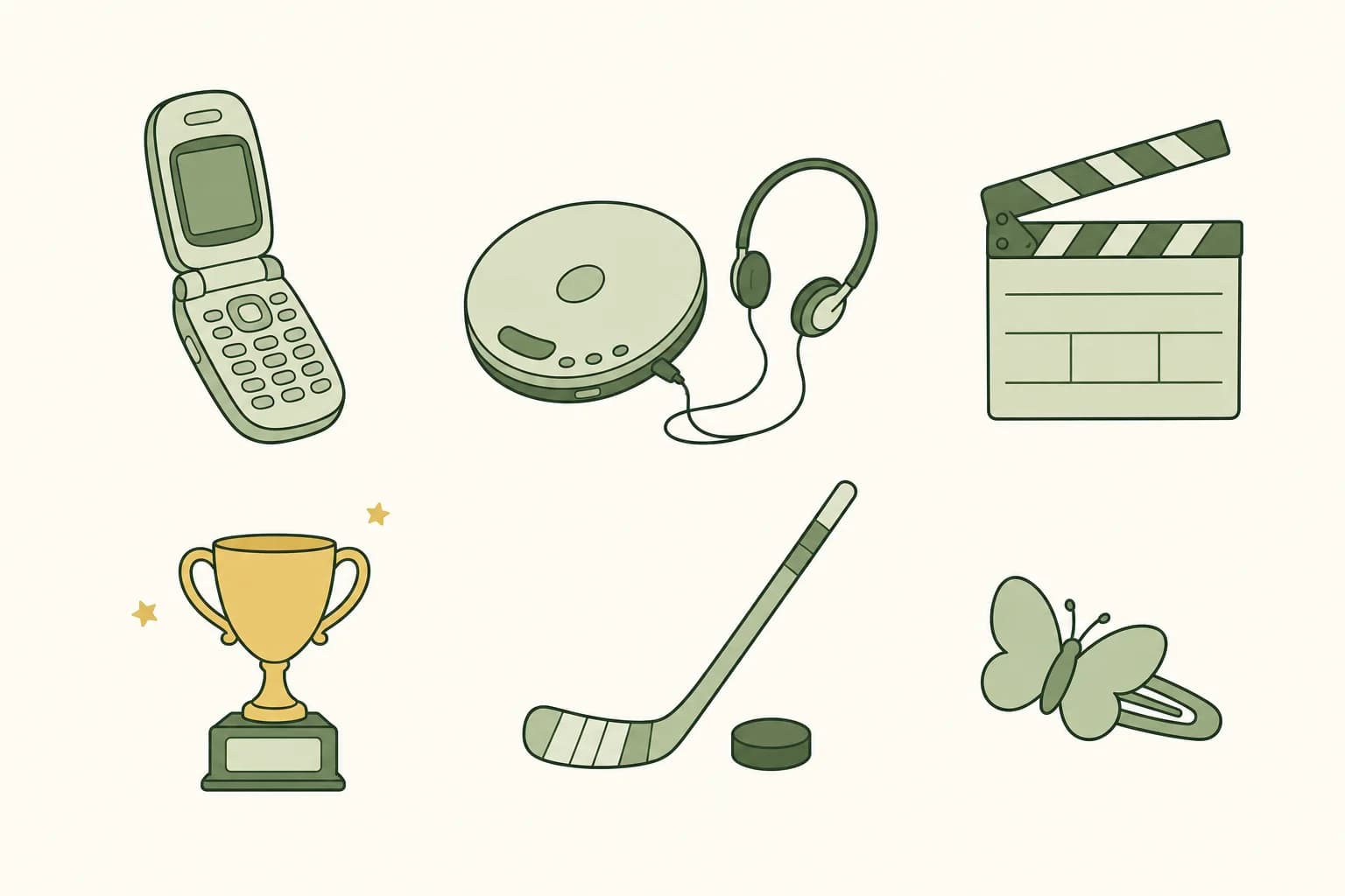 Cartoon objects of 2002 in a pile: a flip phone, a portable CD player with headphones, a movie clapperboard, a trophy, a hockey stick with a puck and a butterfly hair clip