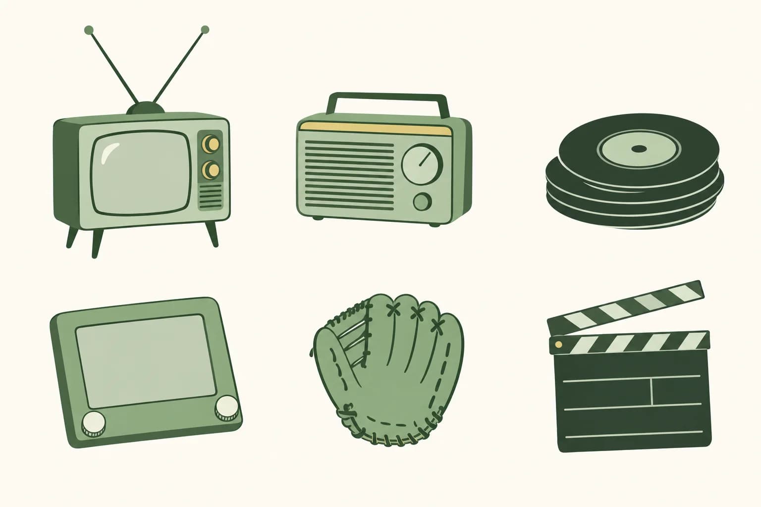 Cartoon early-1960s fun: a small television with rabbit-ear antennas, a transistor radio, a stack of 45 rpm records, a drawing toy with two knobs, a baseball glove and a movie clapperboard