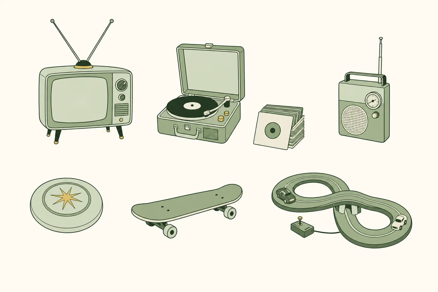 Cartoon 1960s fun: a small television with rabbit-ear antennas, a record player with a stack of singles, a transistor radio, a flying disc, a skateboard and a toy slot-car race track