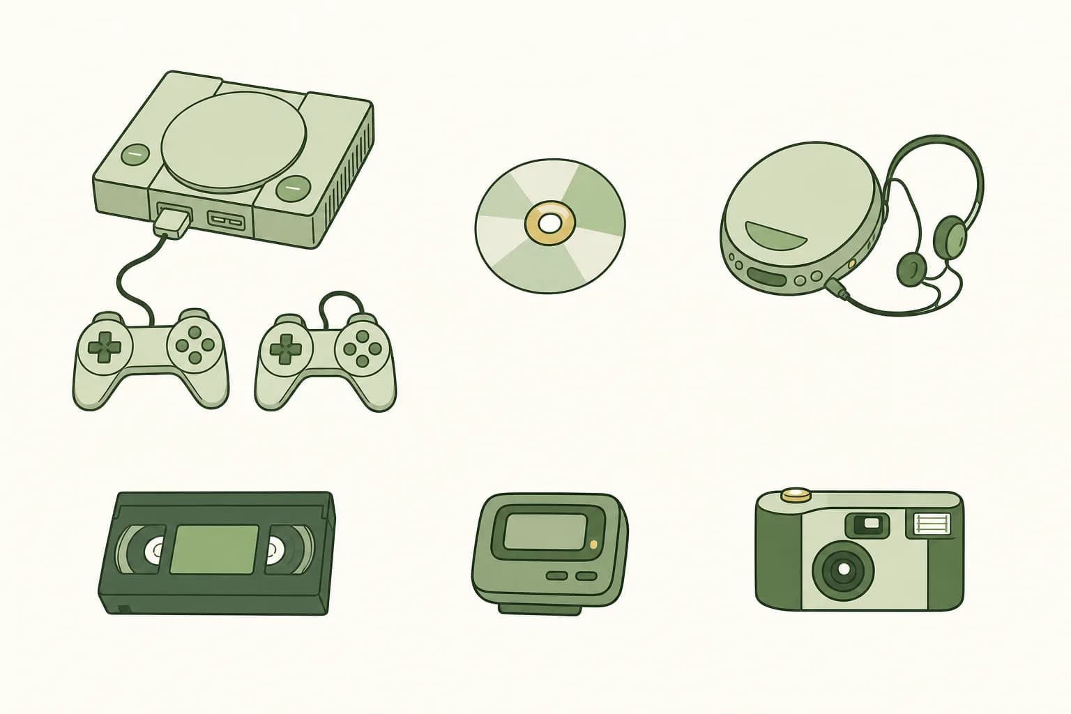 Cartoon game console with two controllers, a compact disc, a portable CD player with headphones, a VHS tape, a pager and a disposable camera