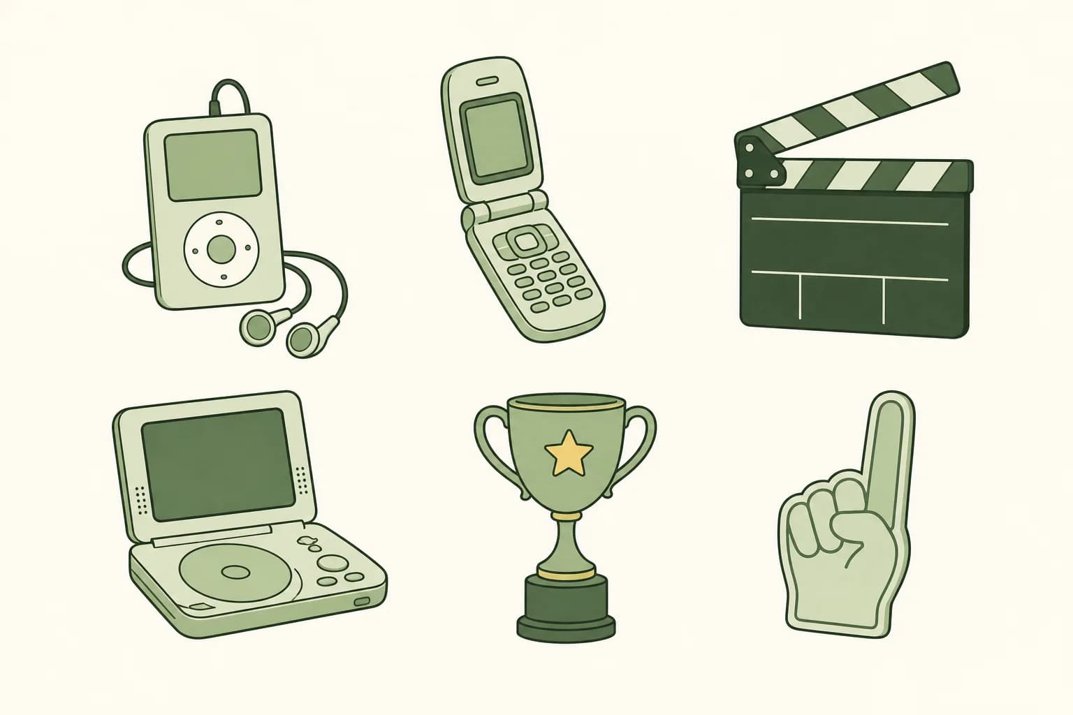 Cartoon objects of 2004 in a pile: a compact music player with earbuds, a flip phone, a movie clapperboard, a portable DVD player, a trophy and a foam finger