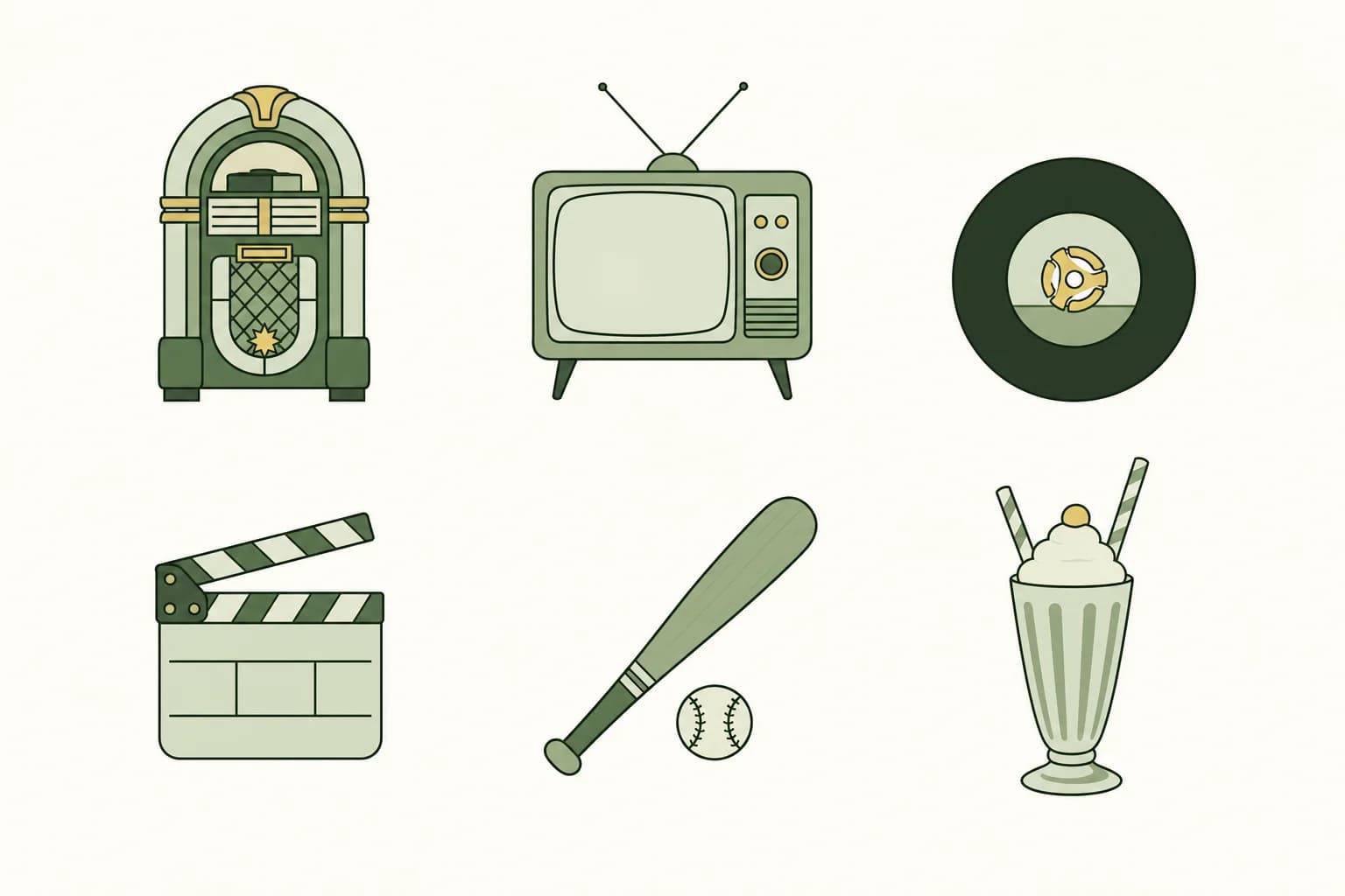 Cartoon icons of a jukebox, a tube television, a 45 rpm record, a movie clapperboard, a baseball bat and ball, and a milkshake with two straws