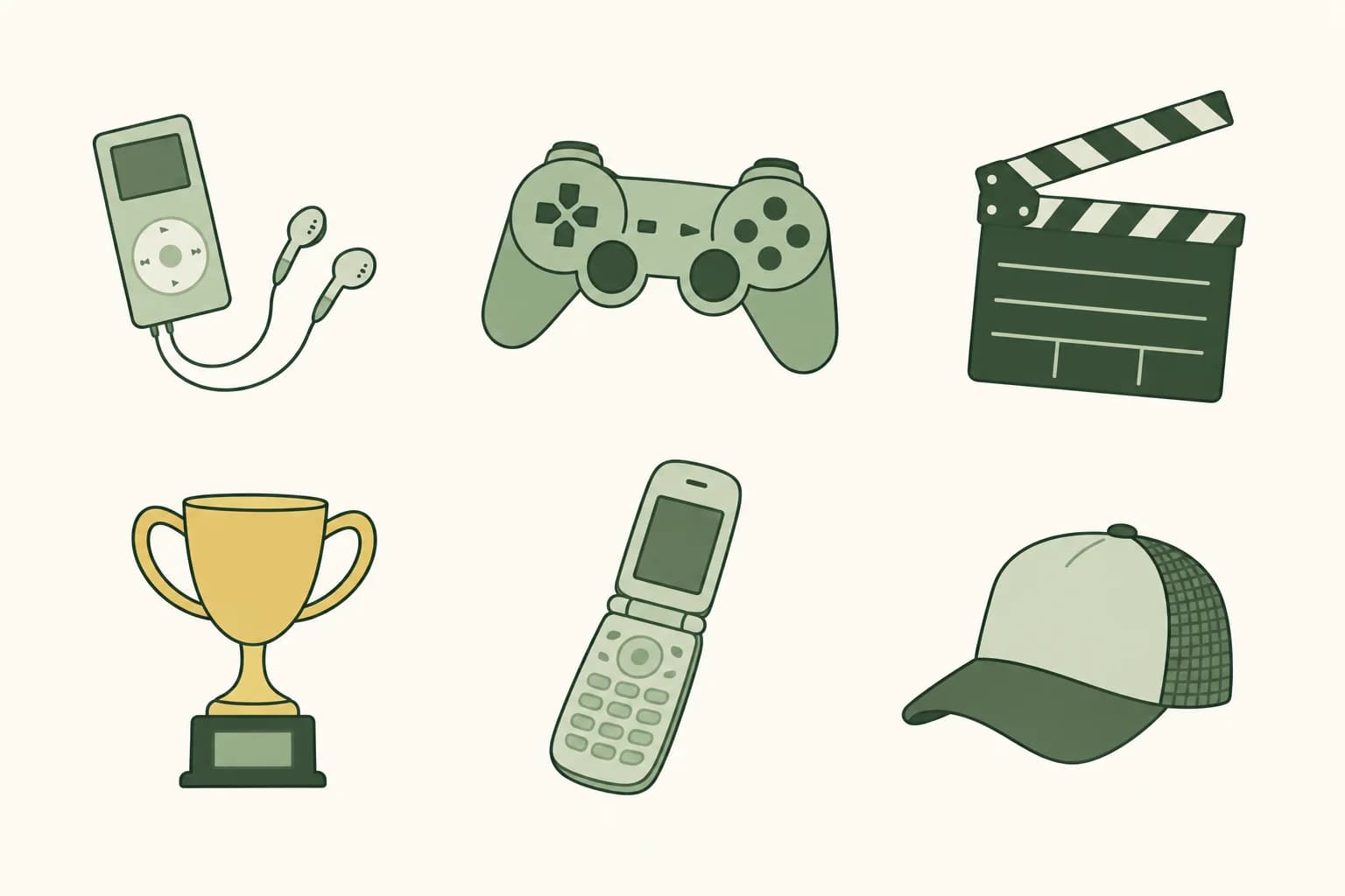 Cartoon objects of 2005 in a pile: a slim music player with earbuds, a game controller, a movie clapperboard, a golden trophy, a flip phone and trucker hat
