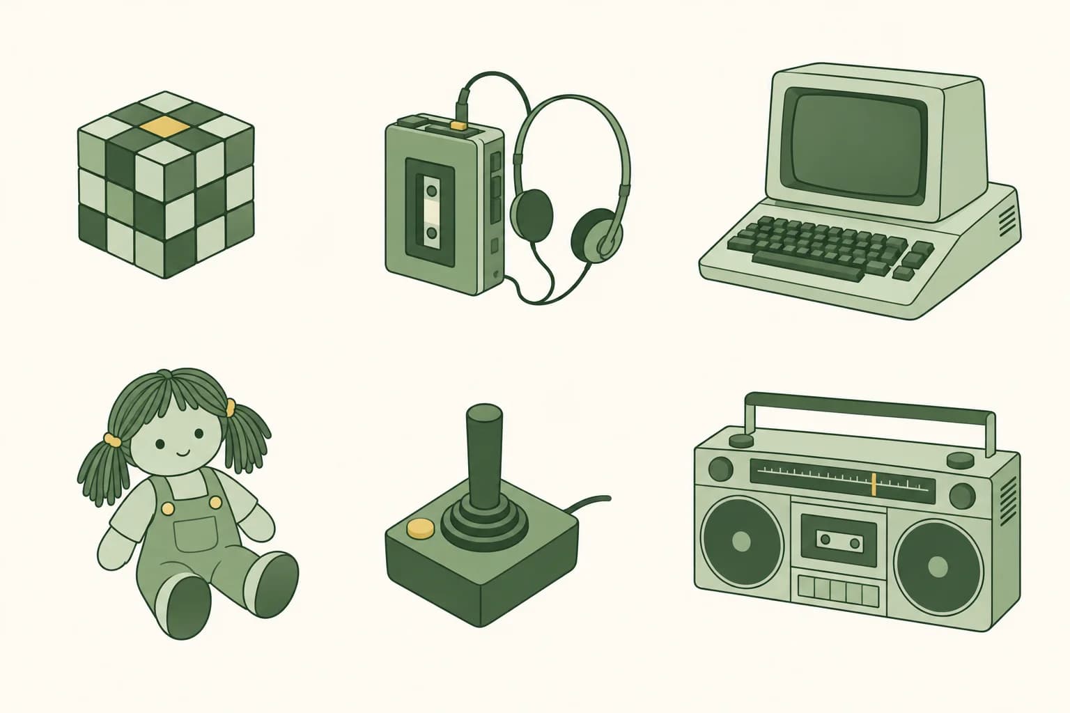 A cartoon puzzle cube, a portable cassette player with headphones, a home computer, a soft doll in overalls, a joystick and a boombox