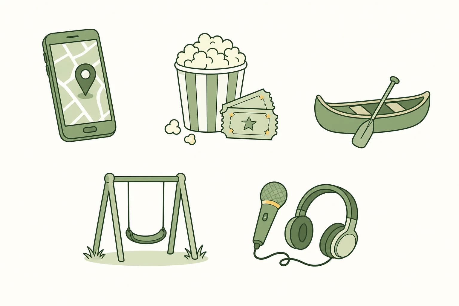 Cartoon smartphone showing a map with a location pin, a popcorn bucket with movie tickets, a small canoe with a paddle, a playground swing, a toy microphone and headphones