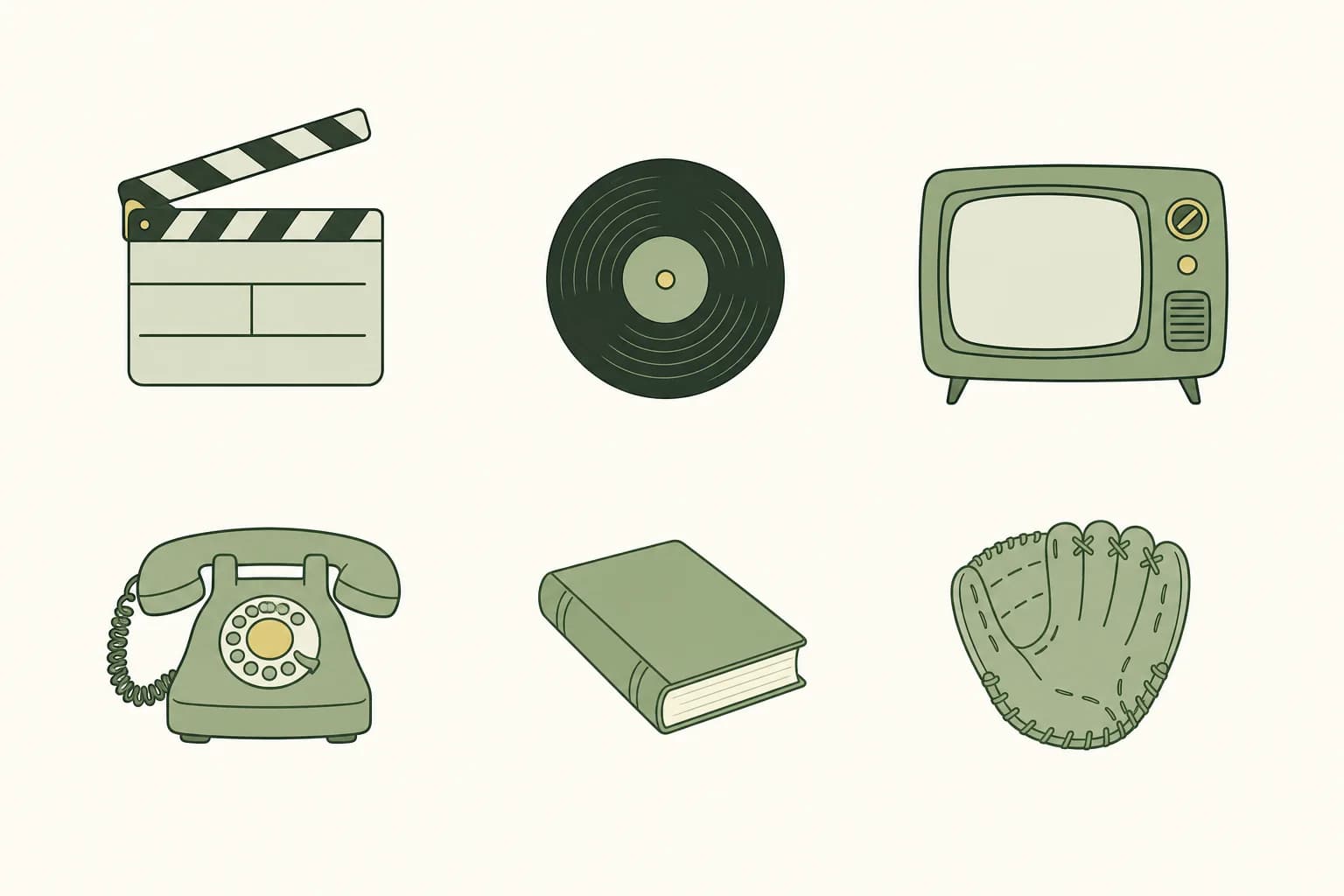 Cartoon icons of a movie clapperboard, a 45 rpm record, a tube television, a rotary telephone, a paperback novel and a baseball glove