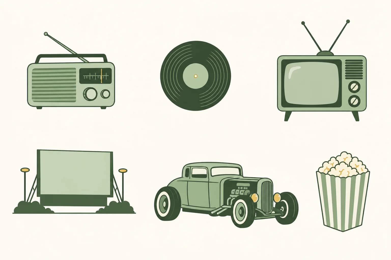 Cartoon items from 1973: a portable radio, a vinyl record, a television with rabbit-ear antennas, a drive-in movie screen, a hot rod and a box of popcorn