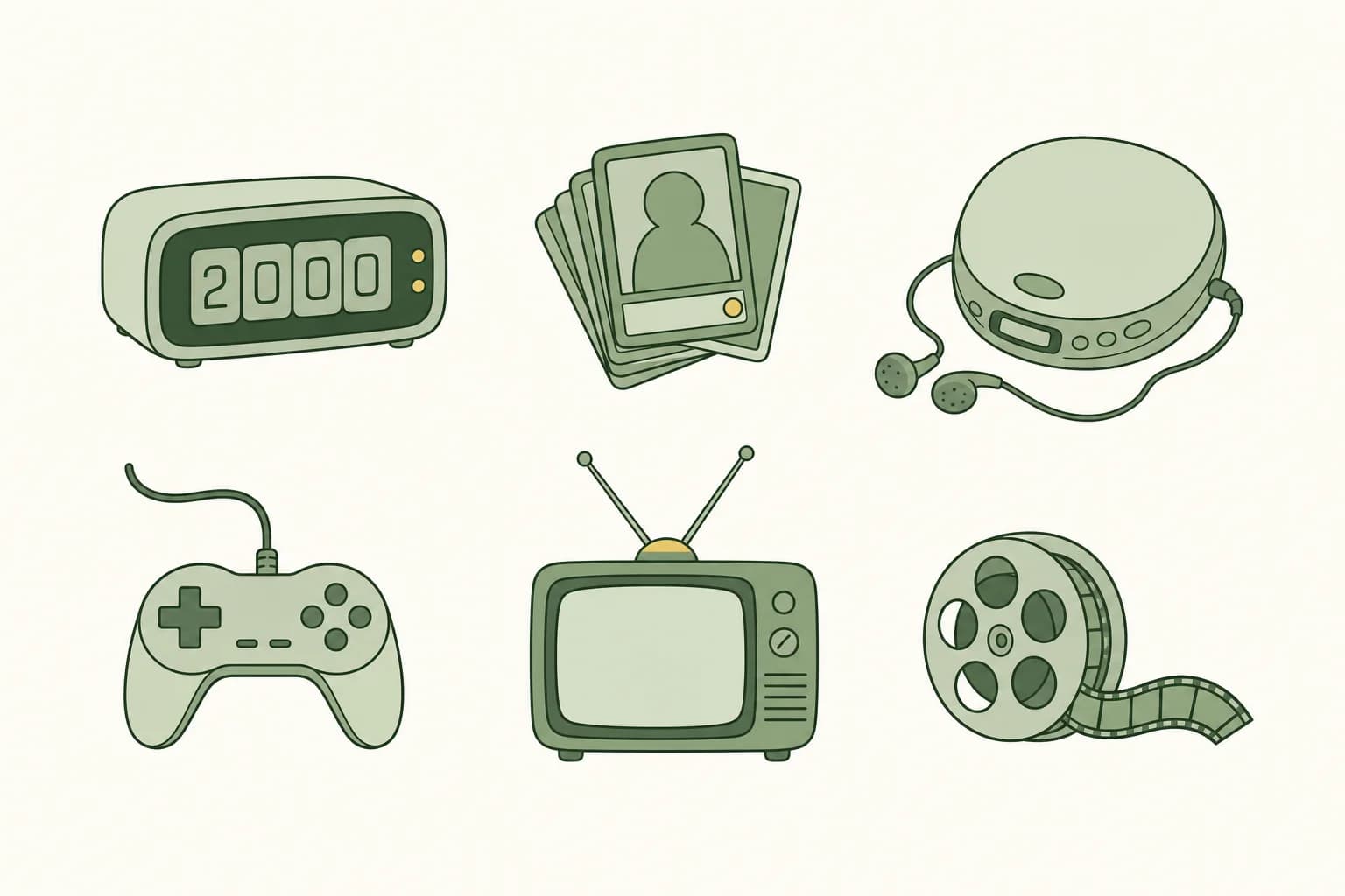 Cartoon items from 1999: a countdown clock showing 2000, a stack of trading cards, a portable CD player, a game controller, a small television with antennas and a film reel