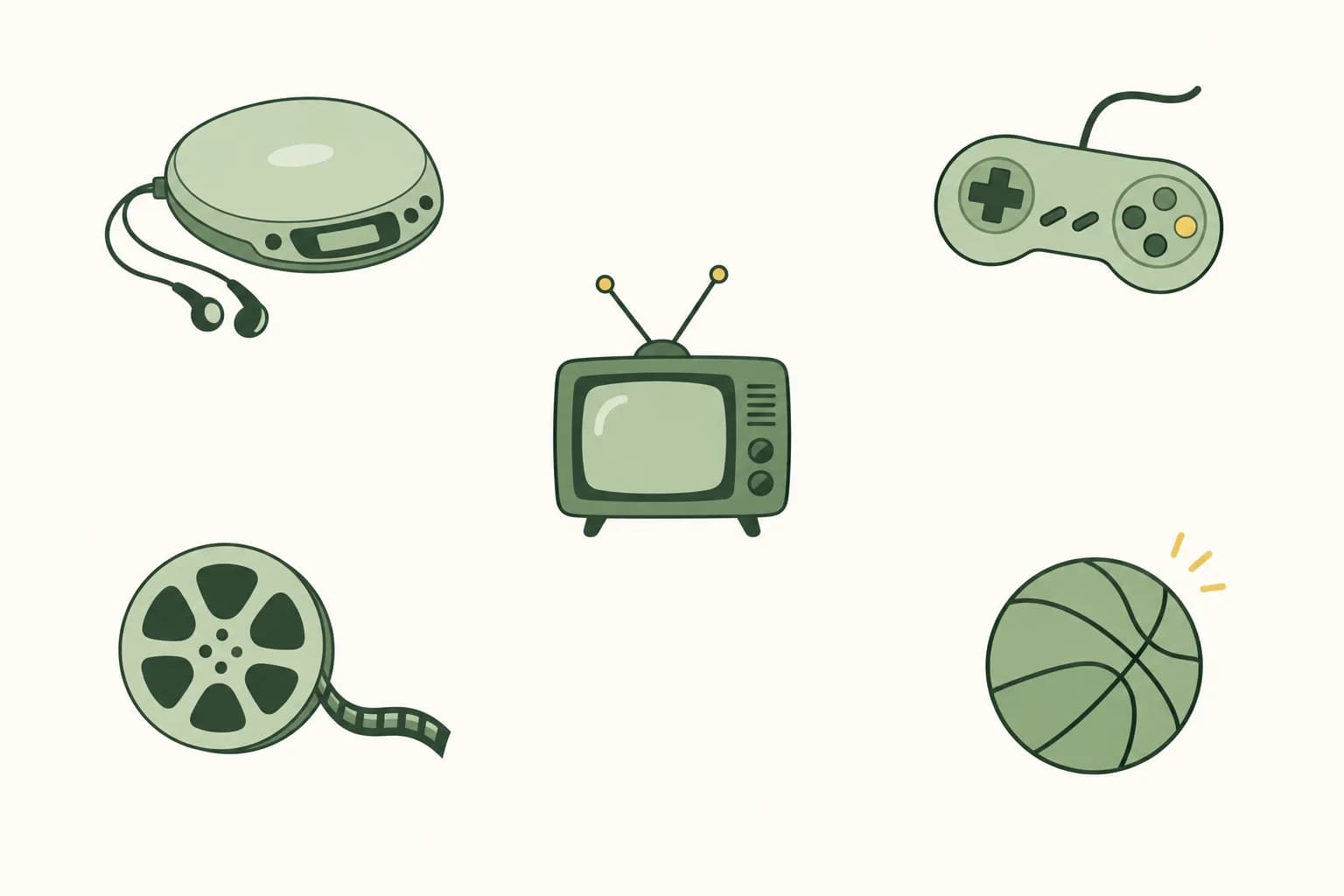 Cartoon items from 1997: a portable CD player, a game controller, a small television with antennas, a film reel and a basketball