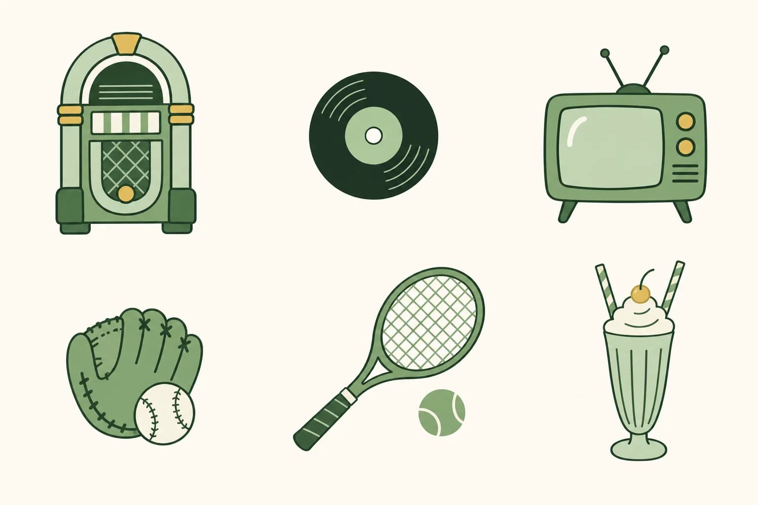 Cartoon jukebox, a 45 rpm record, a small television set, a baseball with a mitt, a tennis racket and a milkshake with two straws