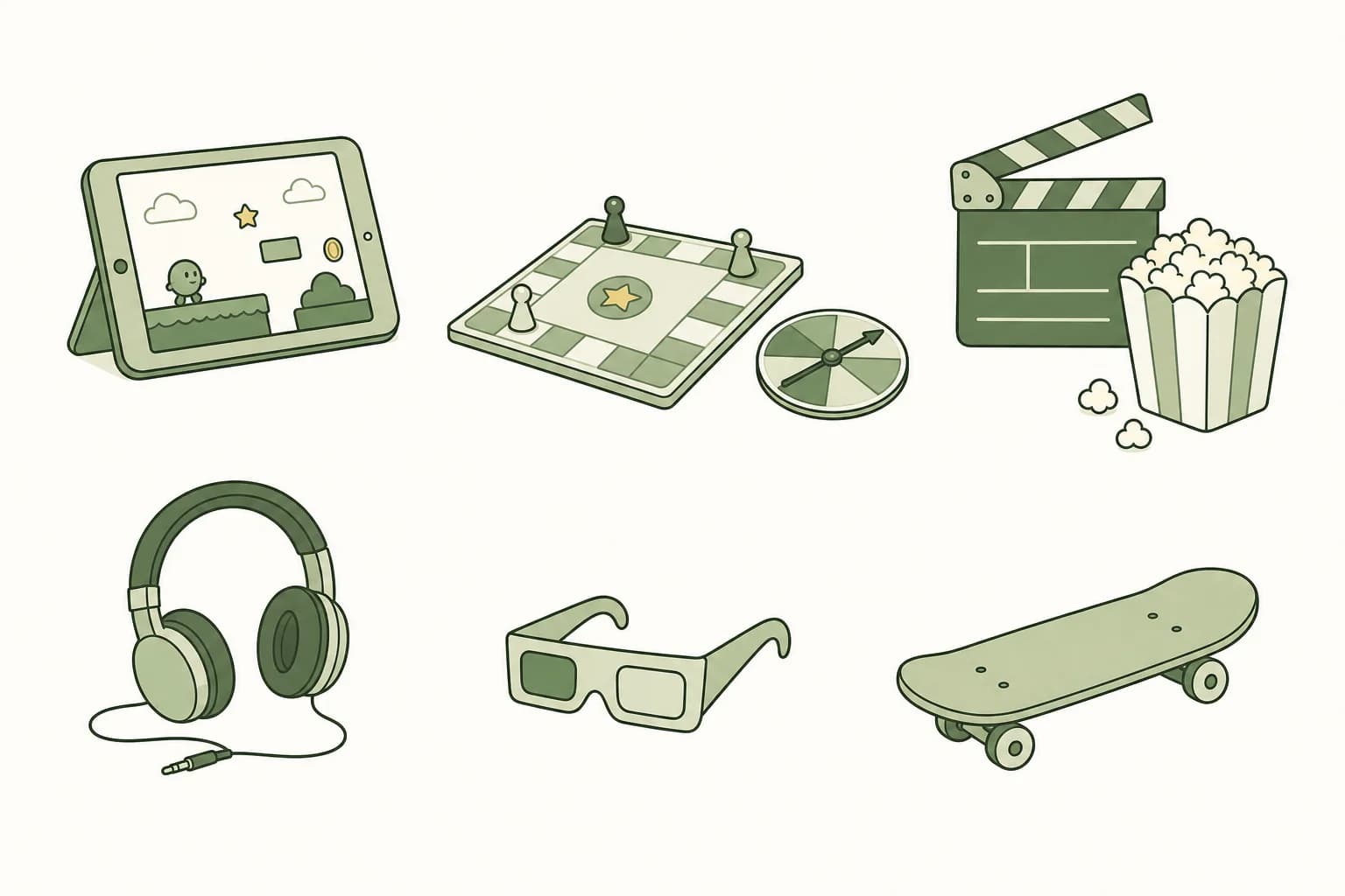 Cartoon tablet computer with a game on screen, a board game with a spinner, a clapperboard beside a popcorn bucket, headphones, a pair of 3-D glasses and a skateboard