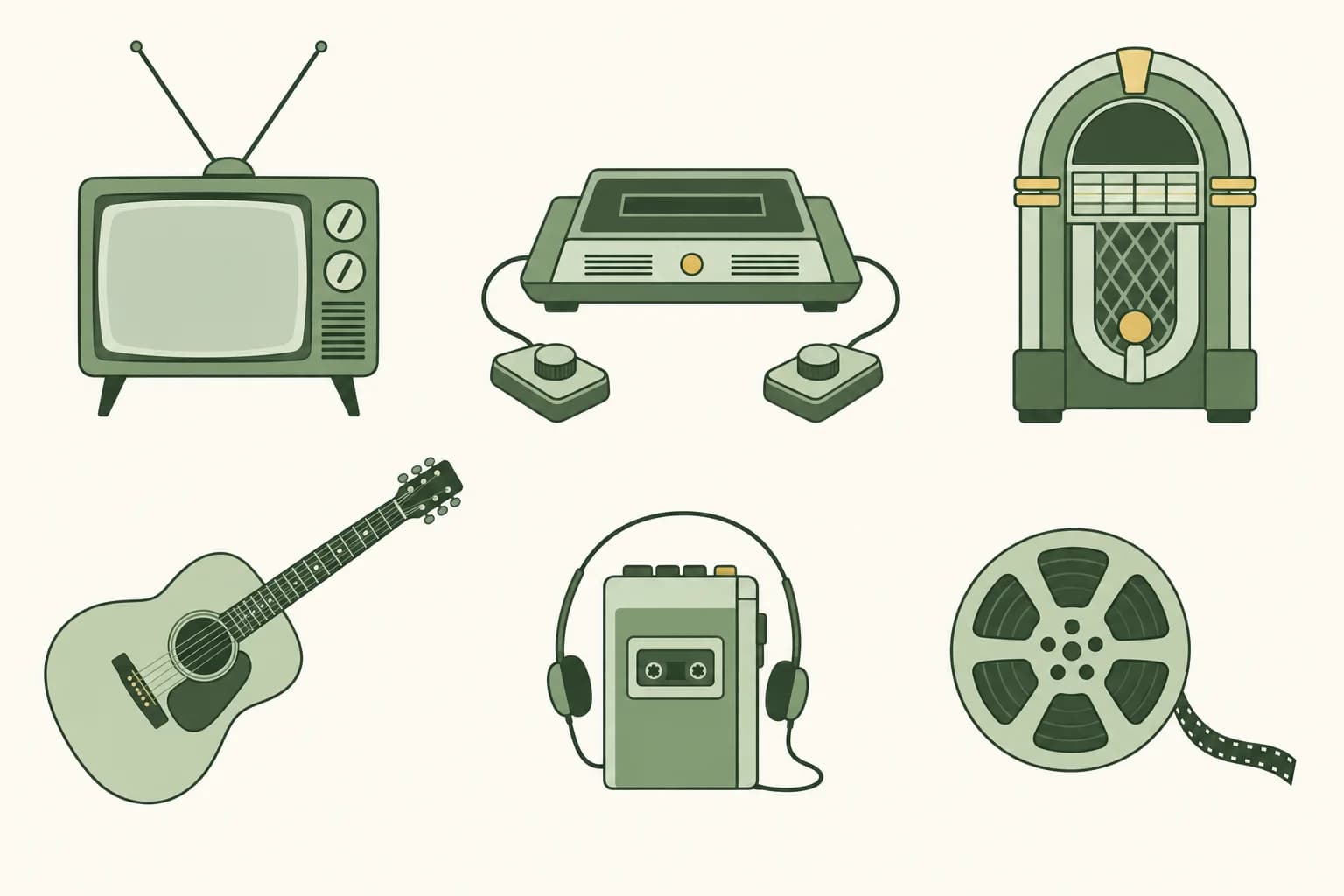 Cartoon objects of the early 1970s: a television with rabbit-ear antennas, a video game console with two paddle controllers, a jukebox, an acoustic guitar, a portable cassette player and a film reel
