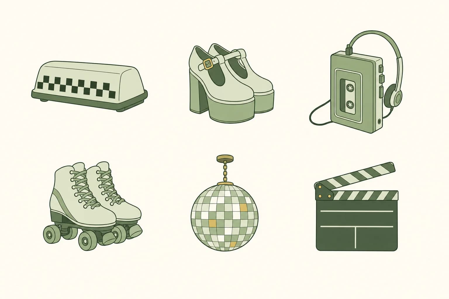 Cartoon objects of 1978: a taxi roof sign, a pair of platform shoes, a portable cassette player, a pair of roller skates, a disco ball and a movie clapperboard
