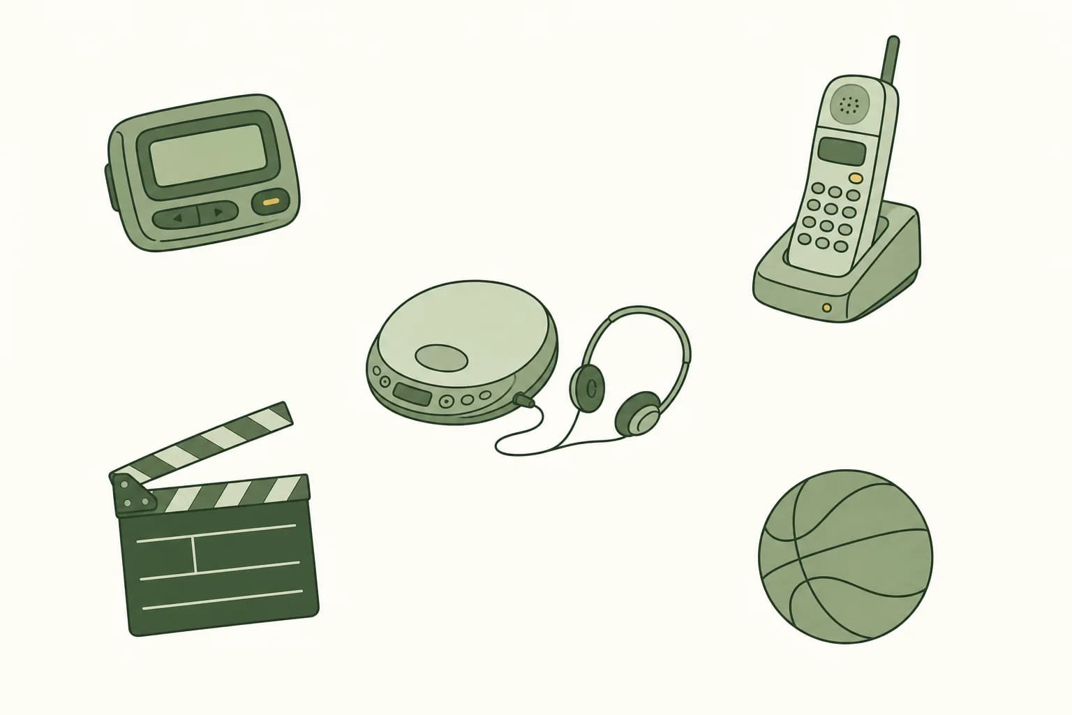 Cartoon items from 1998: a pager, a cordless phone, a portable CD player with headphones, a film clapper board and a basketball