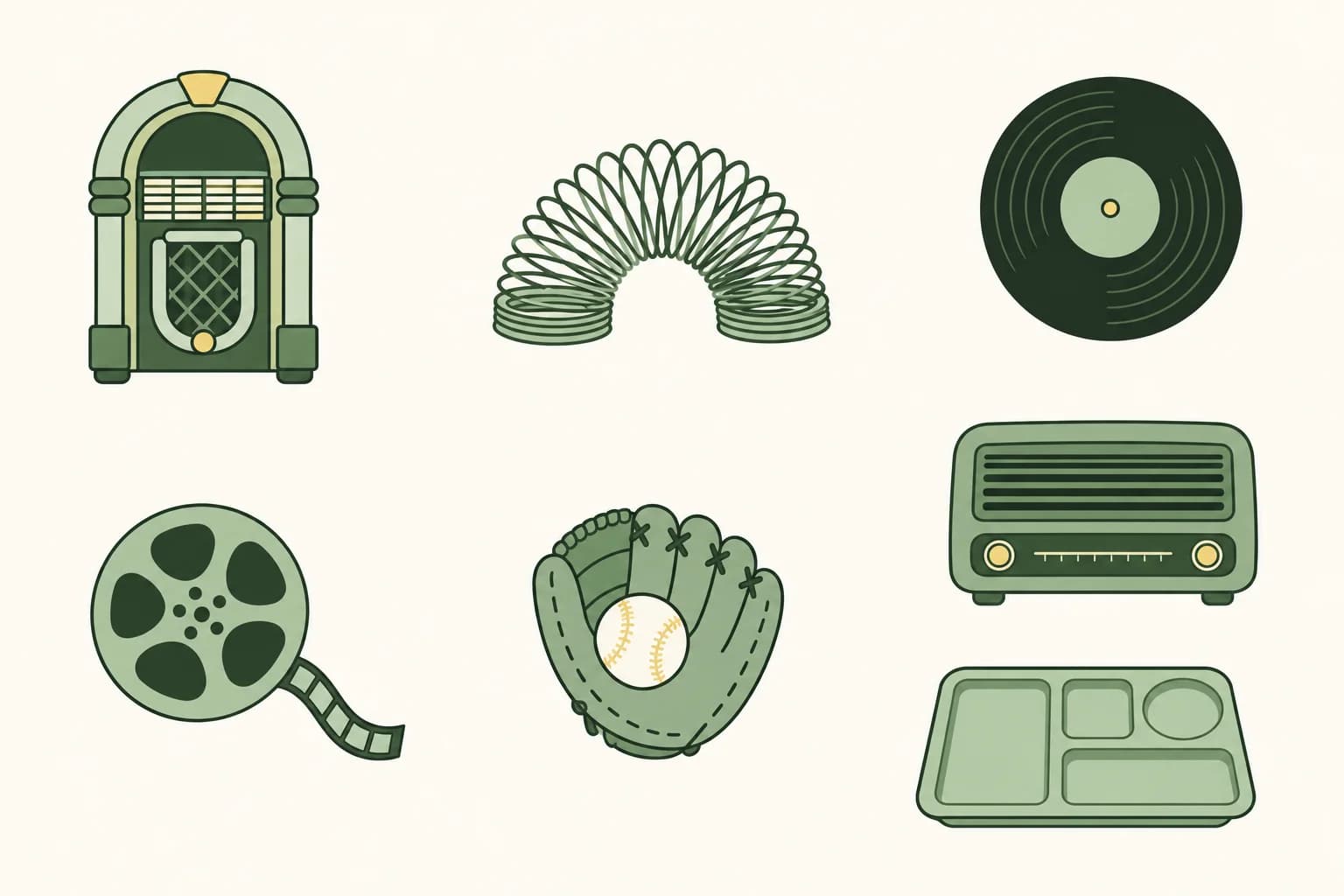 A cartoon jukebox, a Slinky spring, a vinyl record, a film reel, a baseball glove with a ball, a tabletop radio and a lunch tray