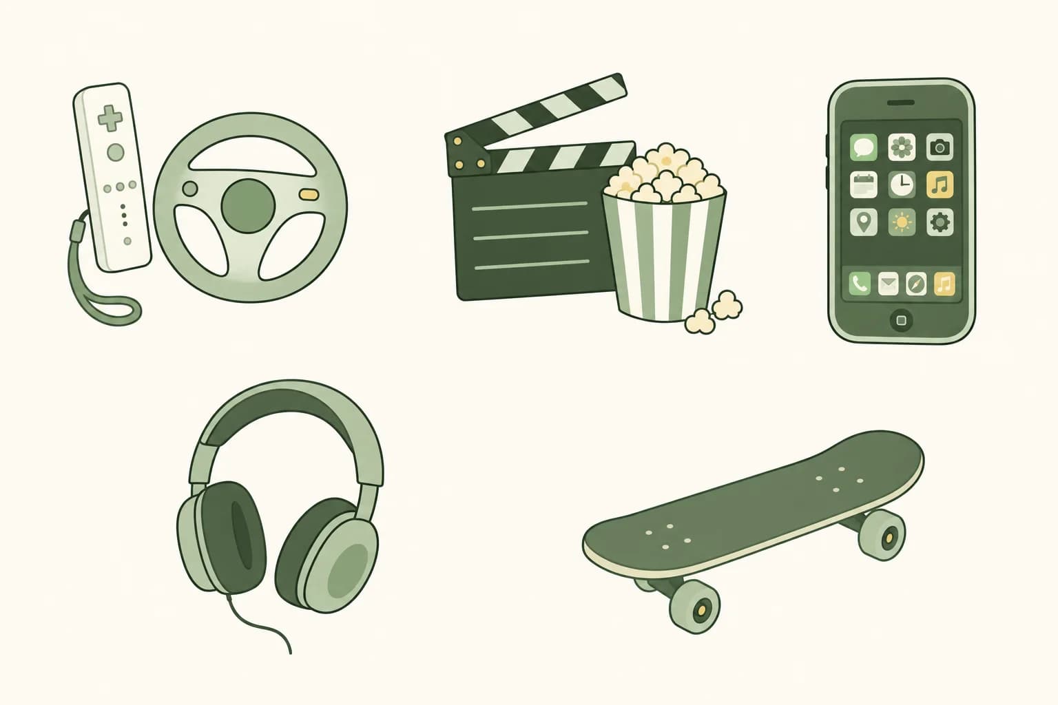 Cartoon white motion controller with a toy steering wheel, a clapperboard beside a popcorn bucket, an early smartphone with app icons, headphones and a skateboard