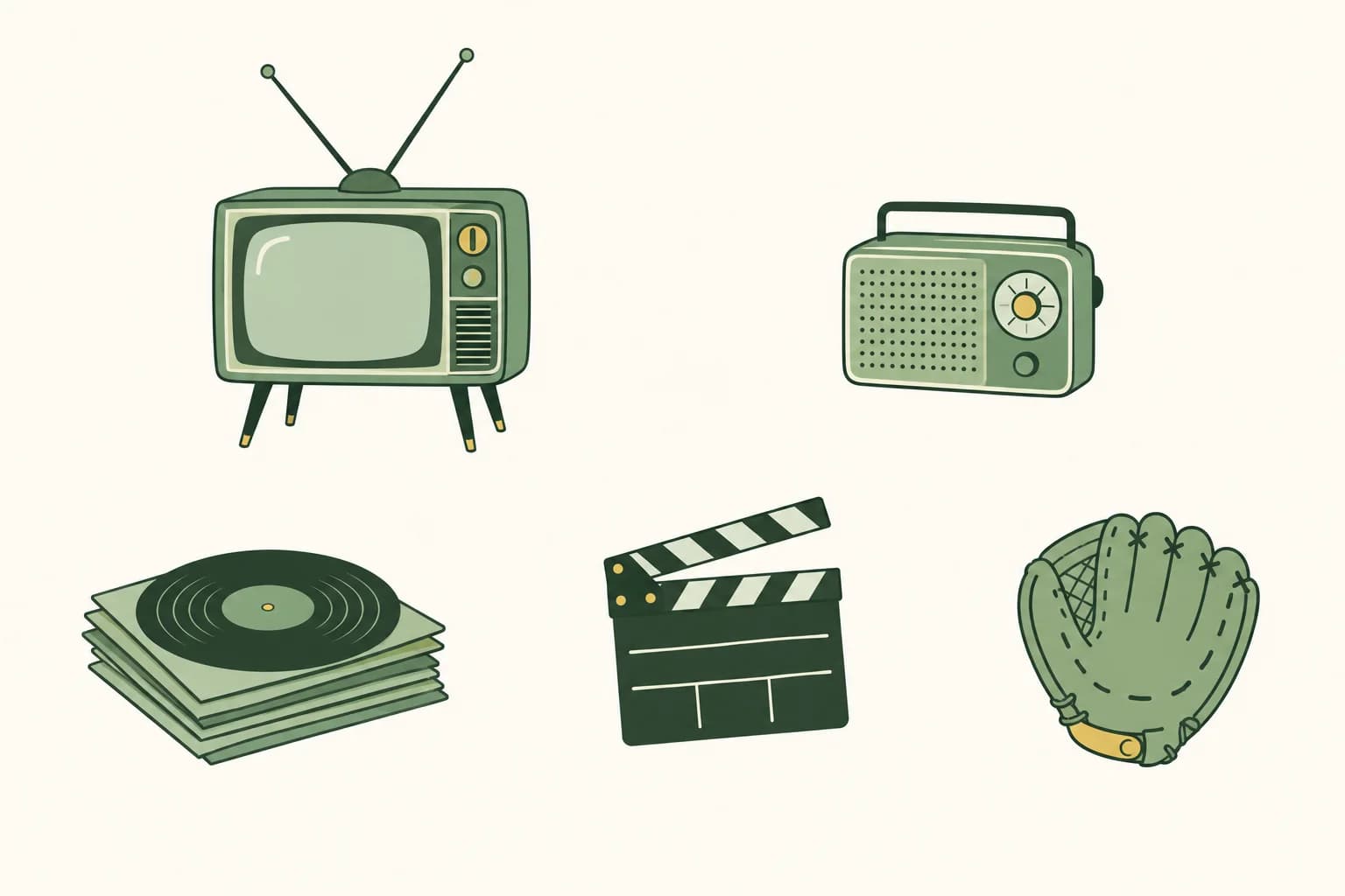 Cartoon 1960s fun: a small television with rabbit-ear antennas, a transistor radio, a stack of vinyl records, a film clapperboard and a baseball glove