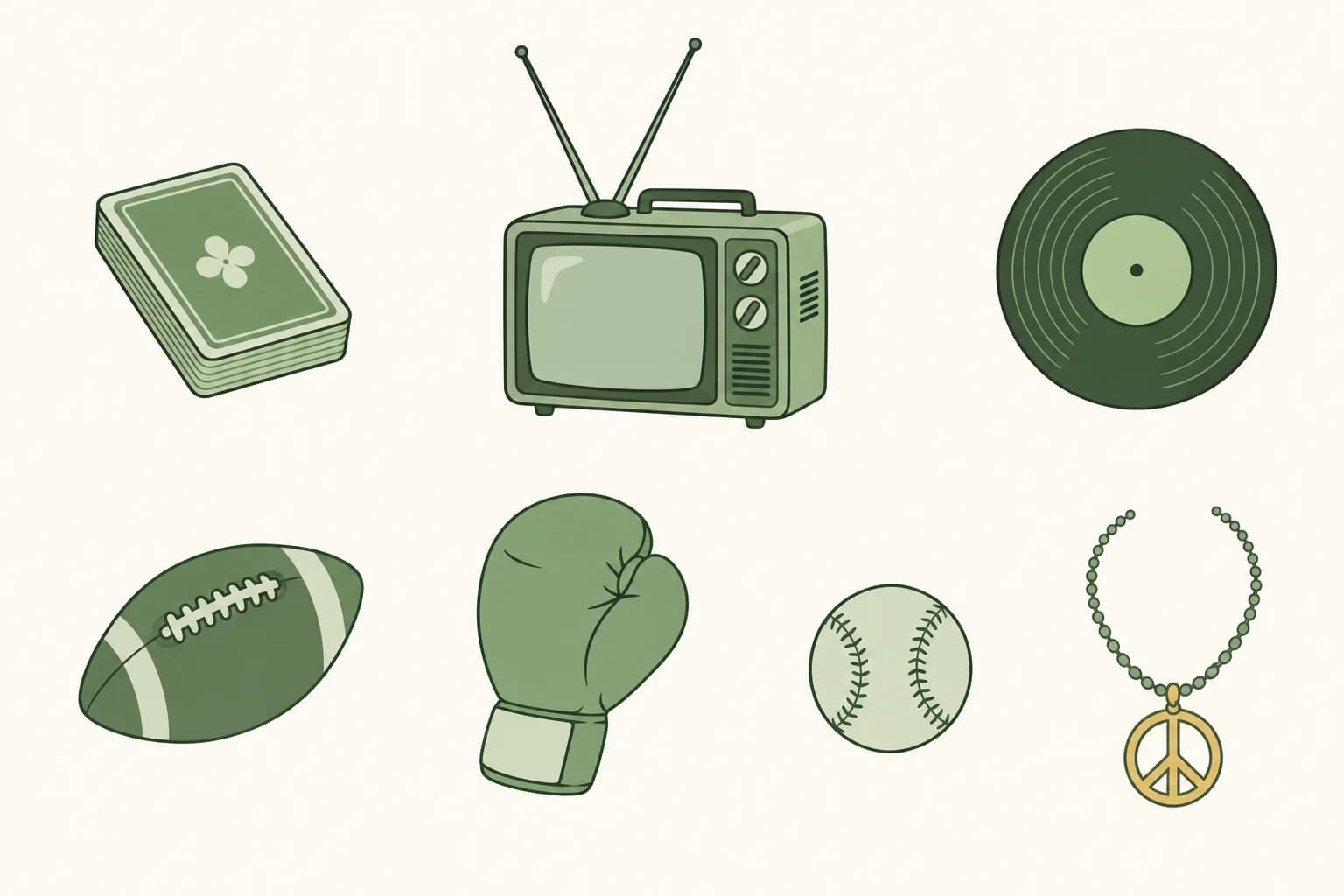 Cartoon items from 1971: a deck of playing cards, a portable TV with rabbit-ear antennas, a vinyl record, a football, a boxing glove, a baseball and a peace-sign necklace