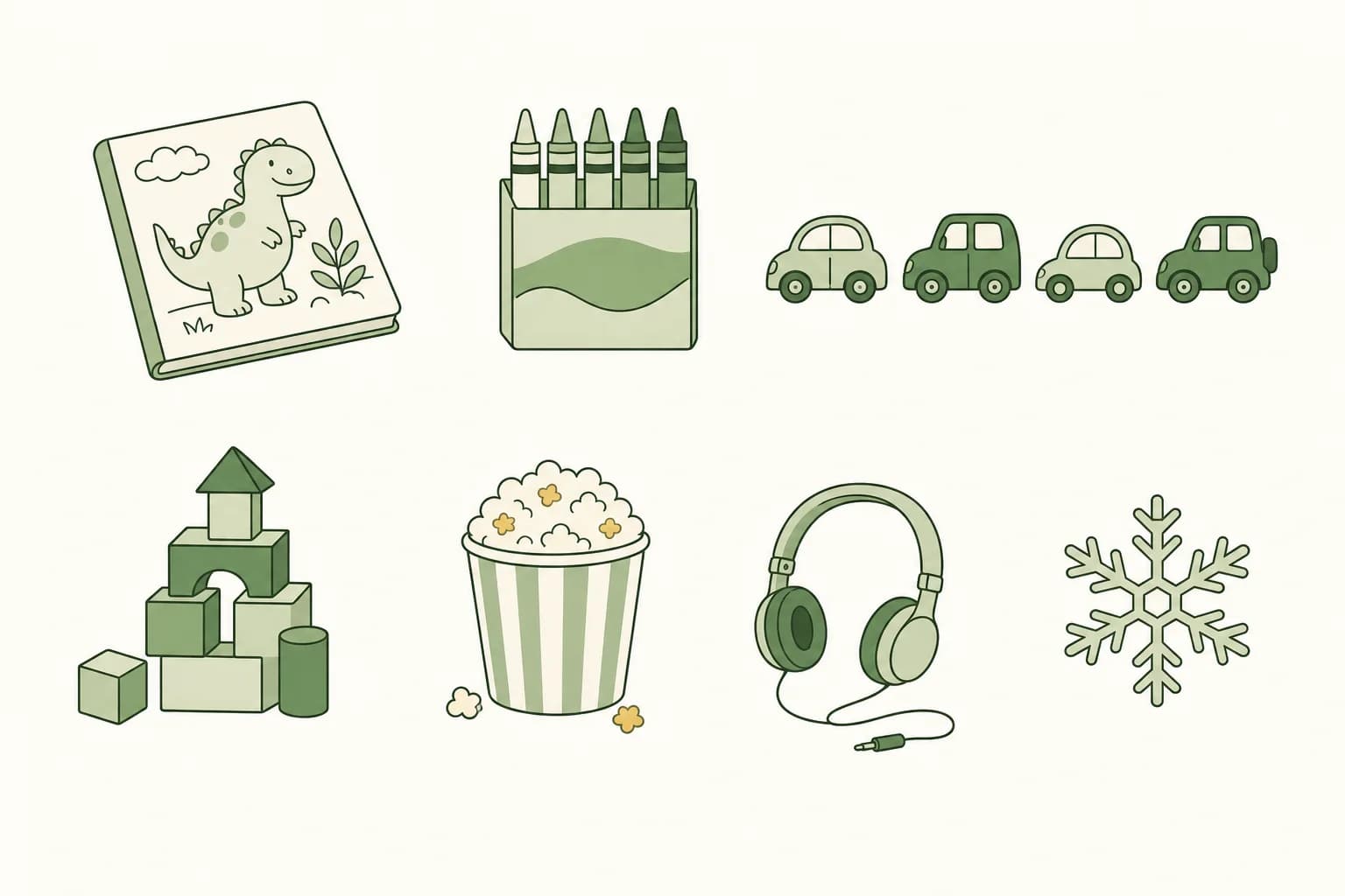 Cartoon coloring book beside a box of crayons, a row of small toy cars, a stack of building blocks, a popcorn bucket, a pair of headphones and a snowflake
