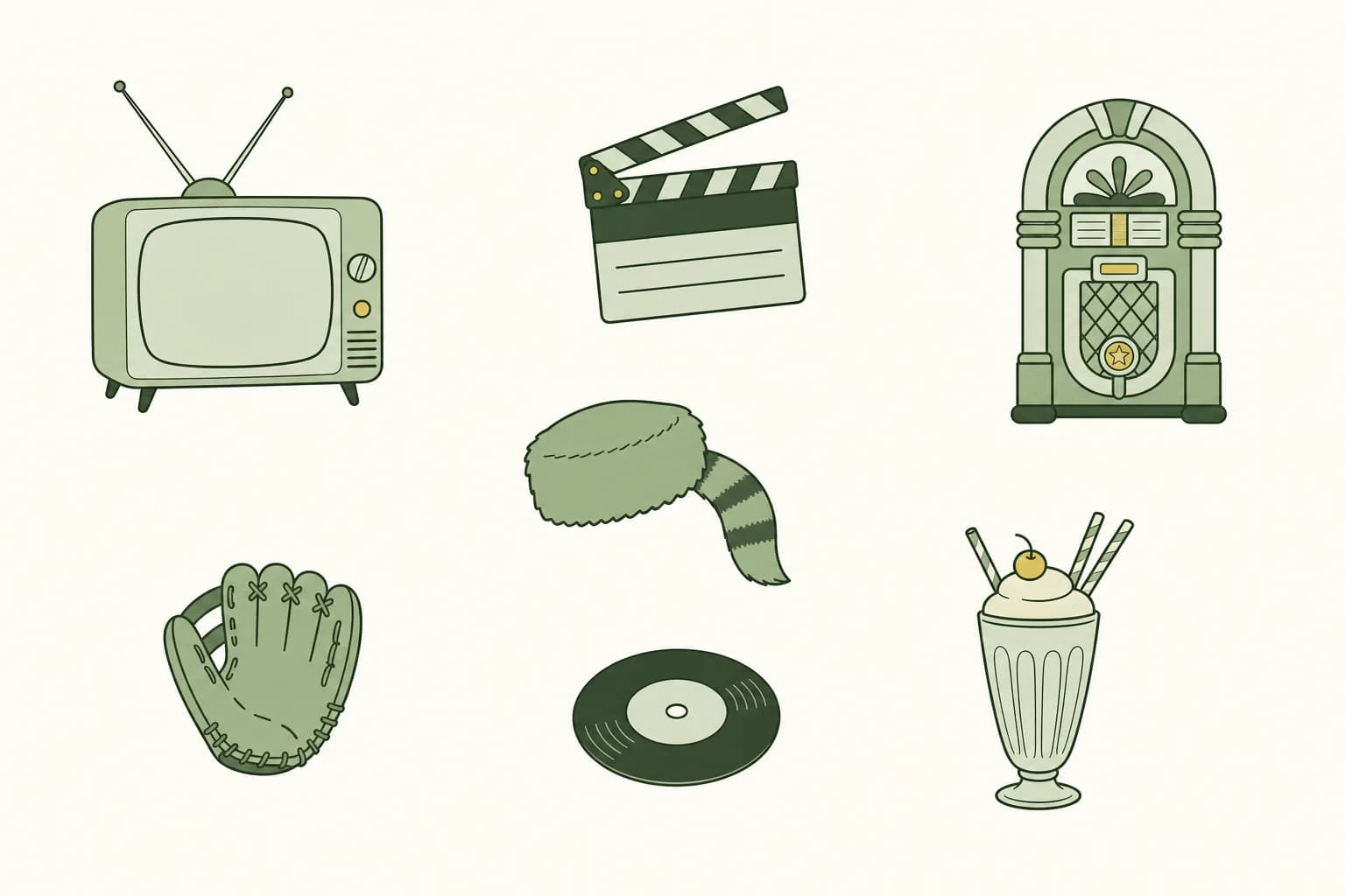 Cartoon icons of a tube television with rabbit-ear antenna, a movie clapperboard, a jukebox, a coonskin cap, a baseball glove, a 45 rpm record and a milkshake with two straws