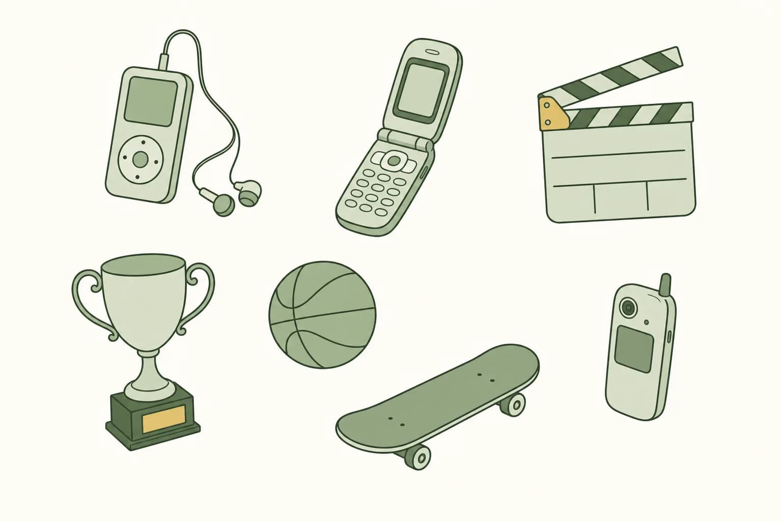 Cartoon objects of 2003 in a pile: a music player with earbuds, a flip phone, a movie clapperboard, a trophy cup, a basketball, a skateboard and a camera phone