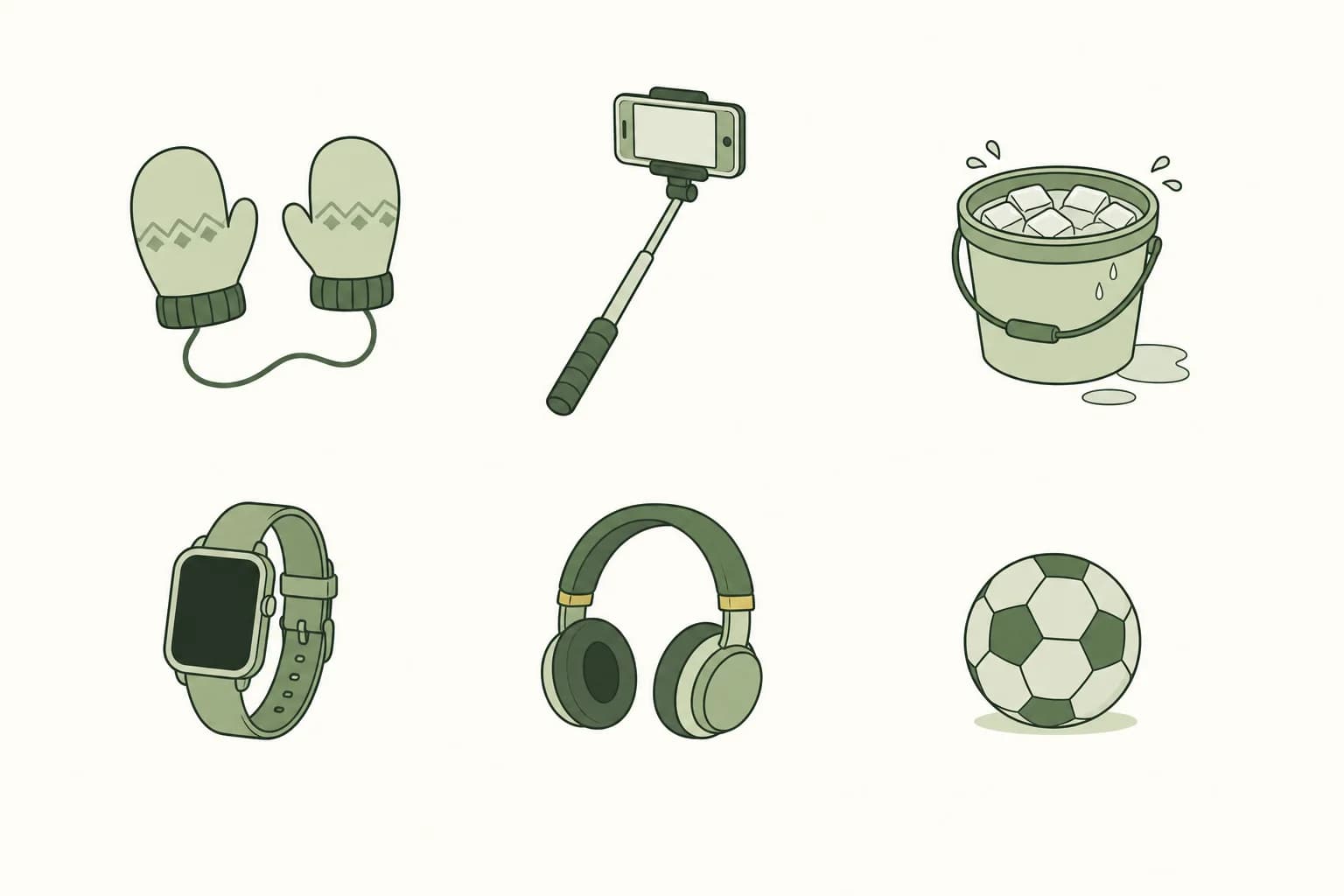 Cartoon pair of mittens, a selfie stick, a bucket of ice water, a smartwatch, headphones and a soccer ball
