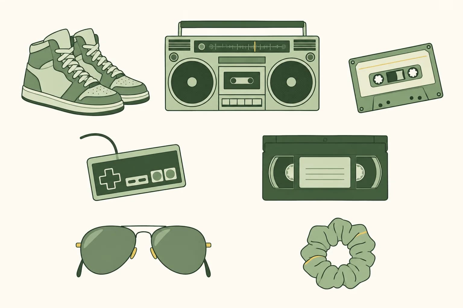 Cartoon high-top sneakers, a boom box, a cassette tape, a game controller, a VHS tape, aviator sunglasses and a scrunchie