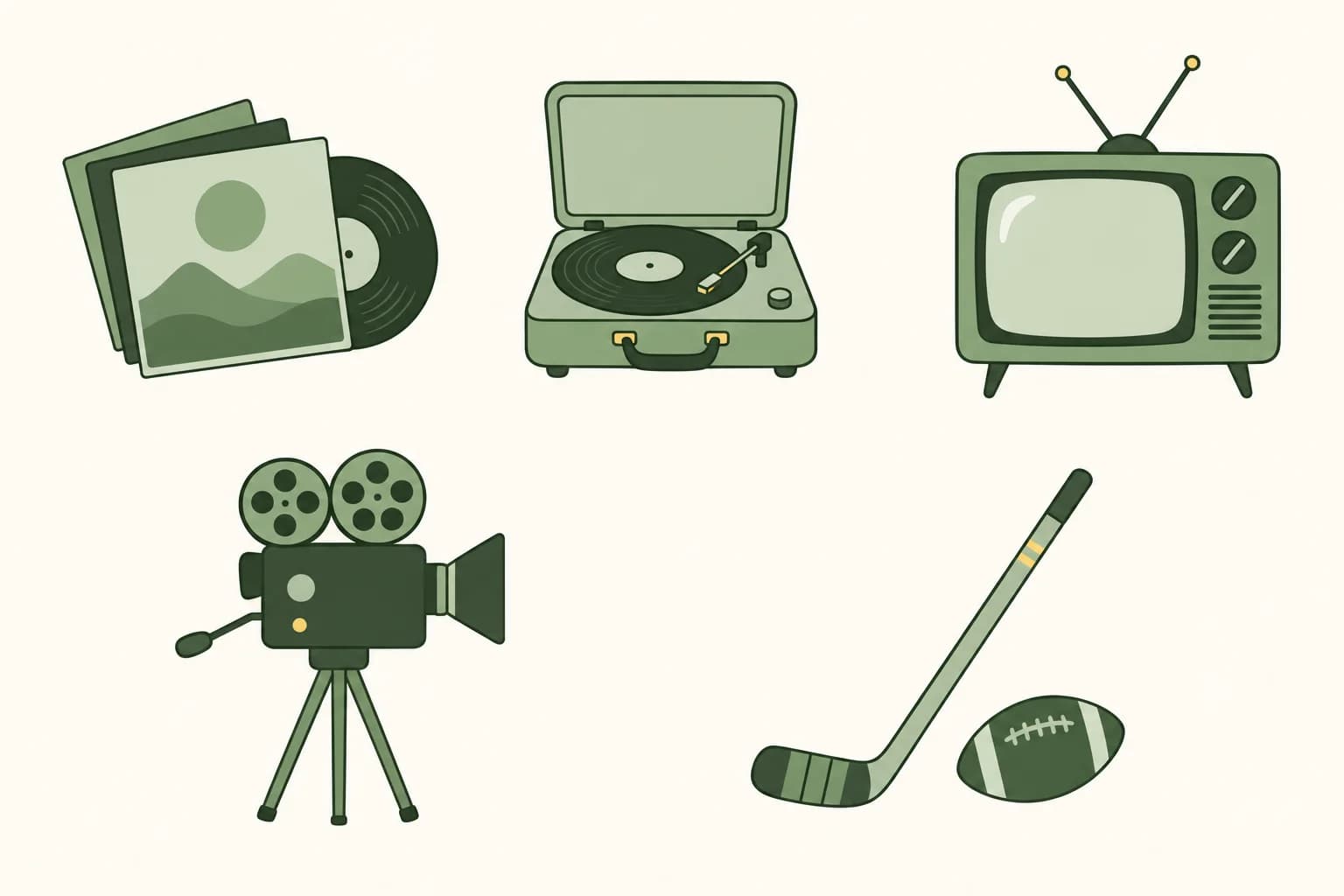 Cartoon vinyl albums, a portable record player, a color television set, a movie camera and a hockey stick with a football