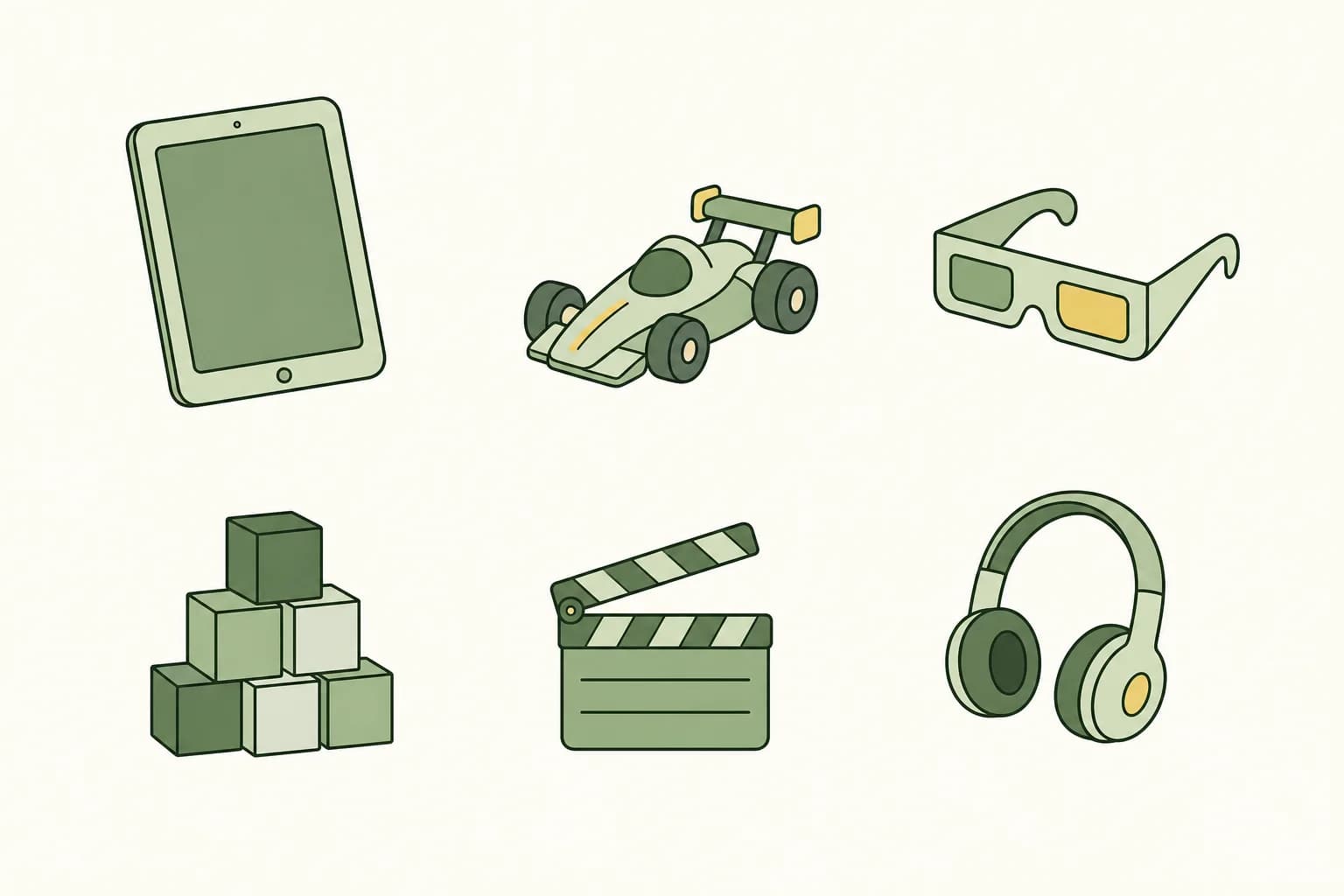 Cartoon tablet computer, a toy race car, a pair of 3-D glasses, a stack of cube blocks, a movie clapper board and a pair of headphones
