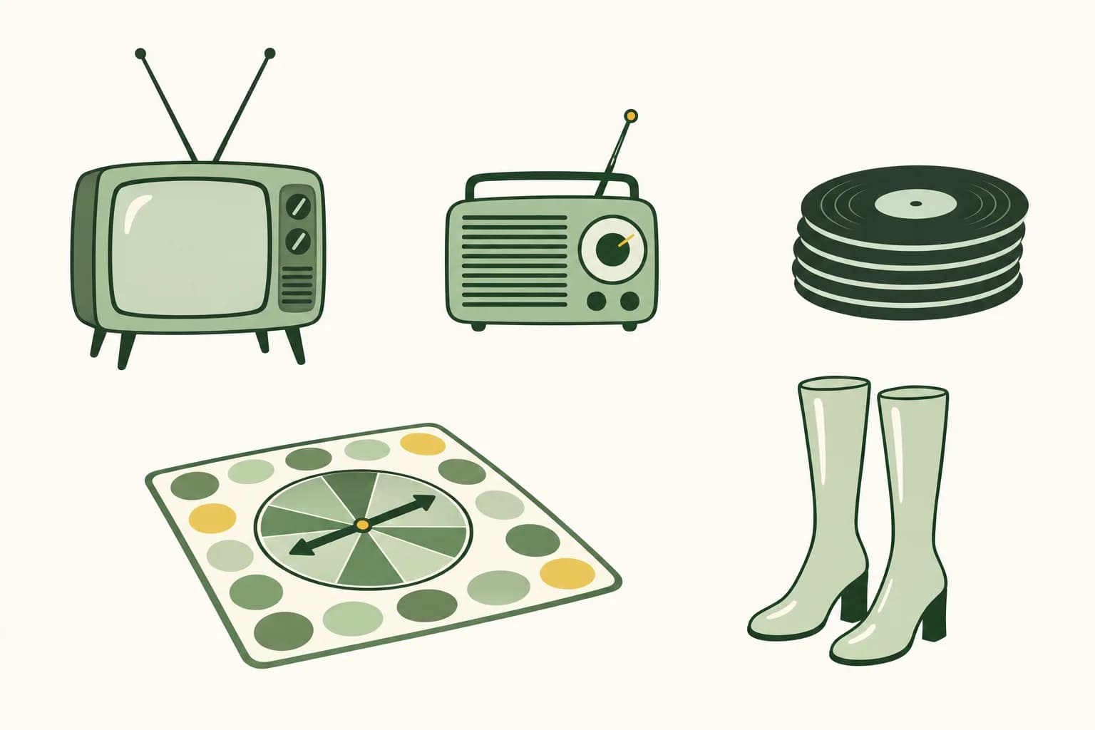 Cartoon 1960s fun: a small television with rabbit-ear antennas, a transistor radio, a stack of vinyl records, a colorful game mat with a spinner and a pair of go-go boots