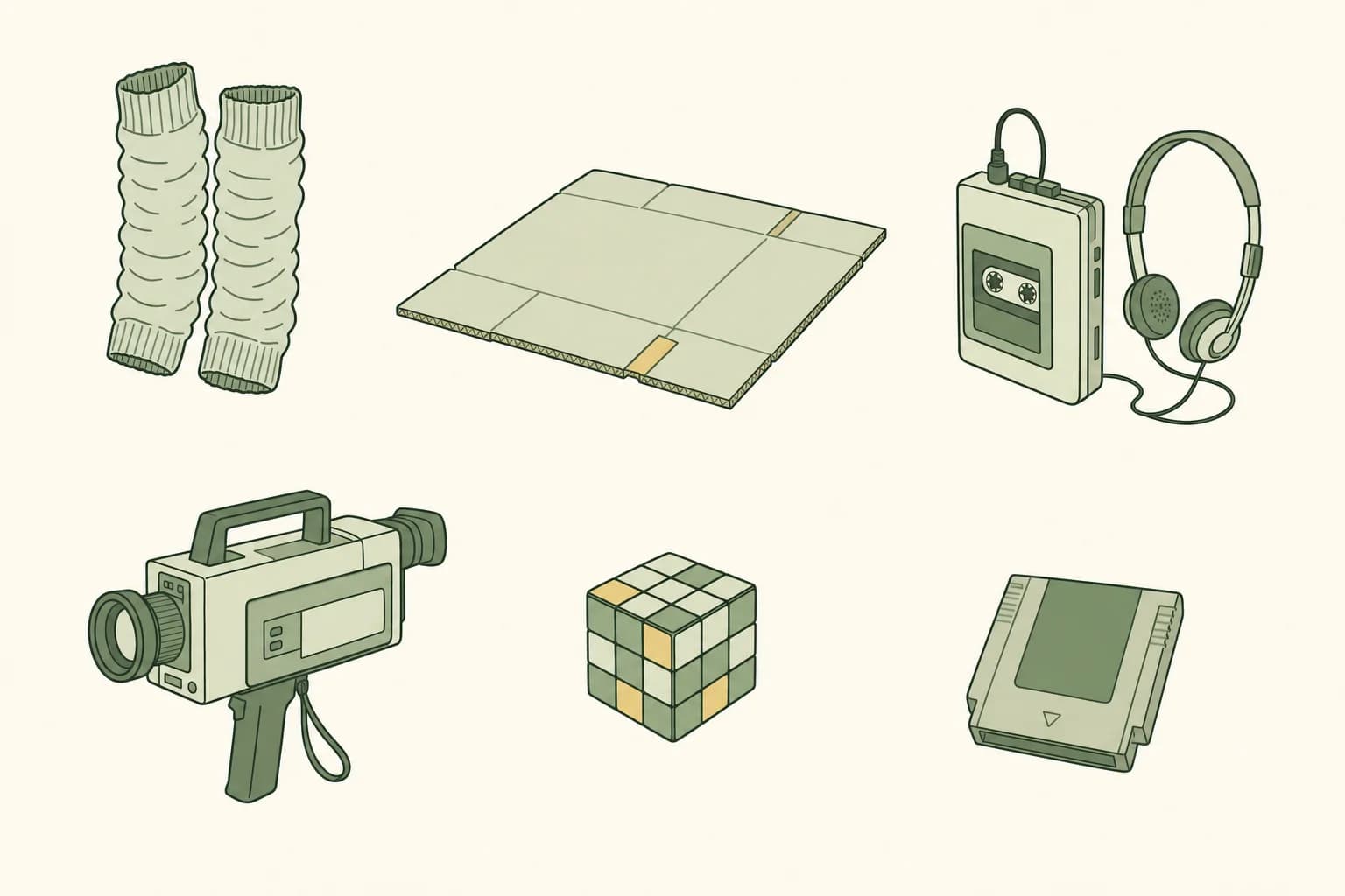 Cartoon 1980s fun: a pair of leg warmers, a flattened cardboard breakdance mat, a cassette player with headphones, a shoulder video camera, a puzzle cube and a game cartridge