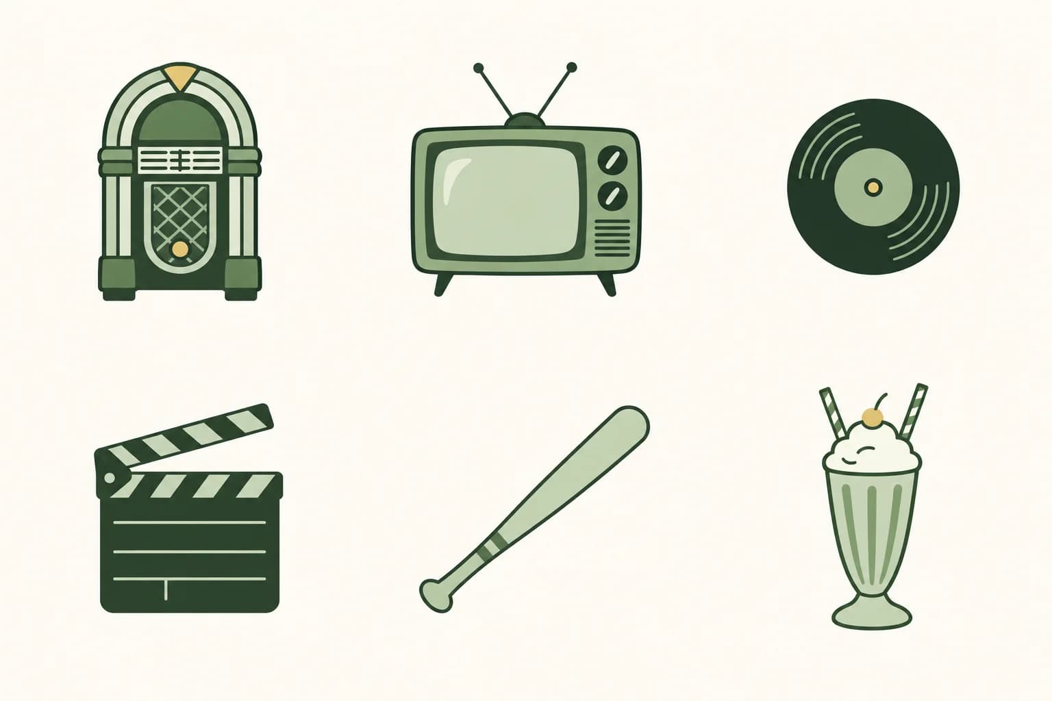 Cartoon icons of a jukebox, a tube television, a 45 rpm record, a movie clapperboard, a baseball bat and a milkshake with two straws